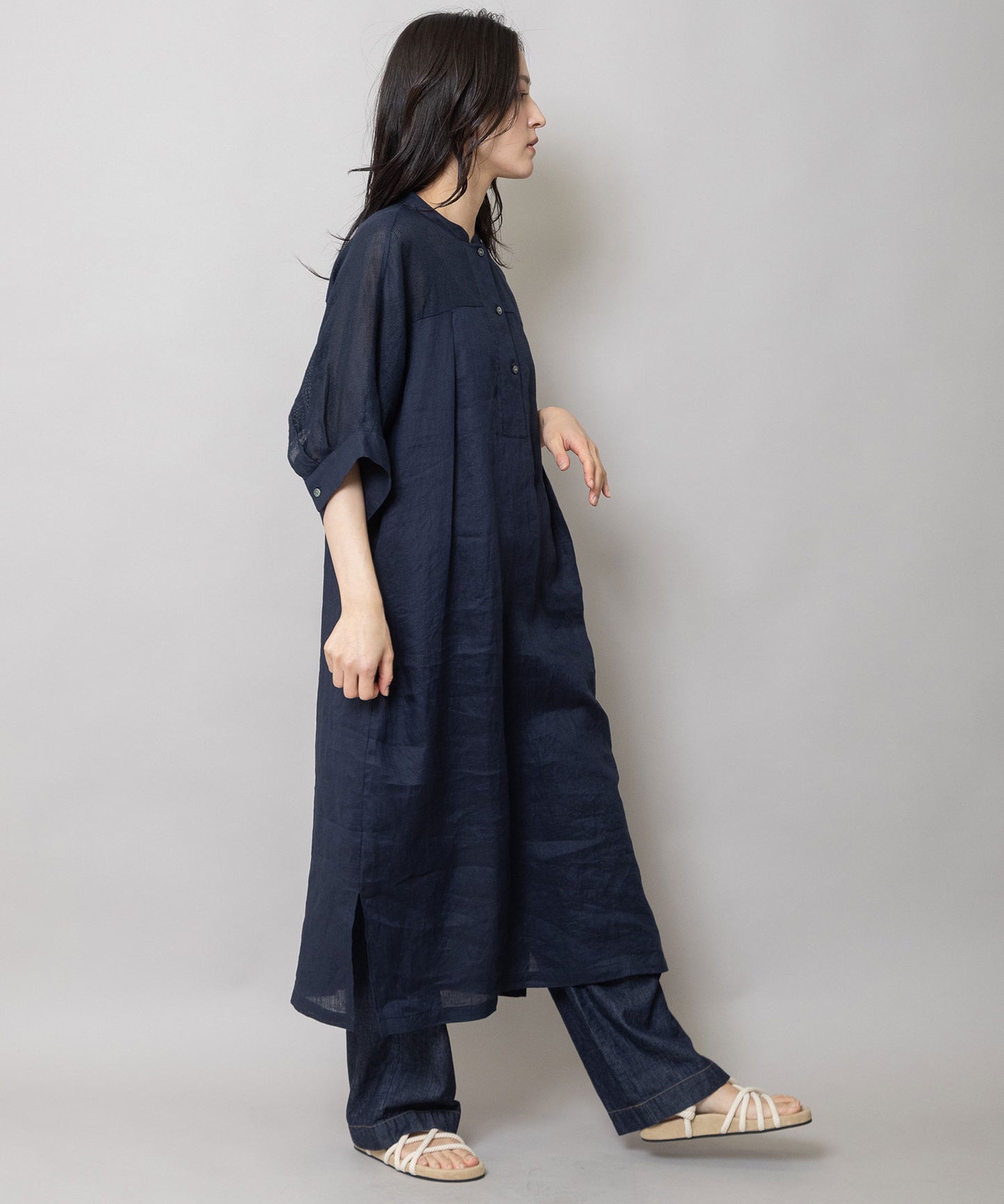 60sリネンキャンバス×40sリネンメッシュシャツワンピース