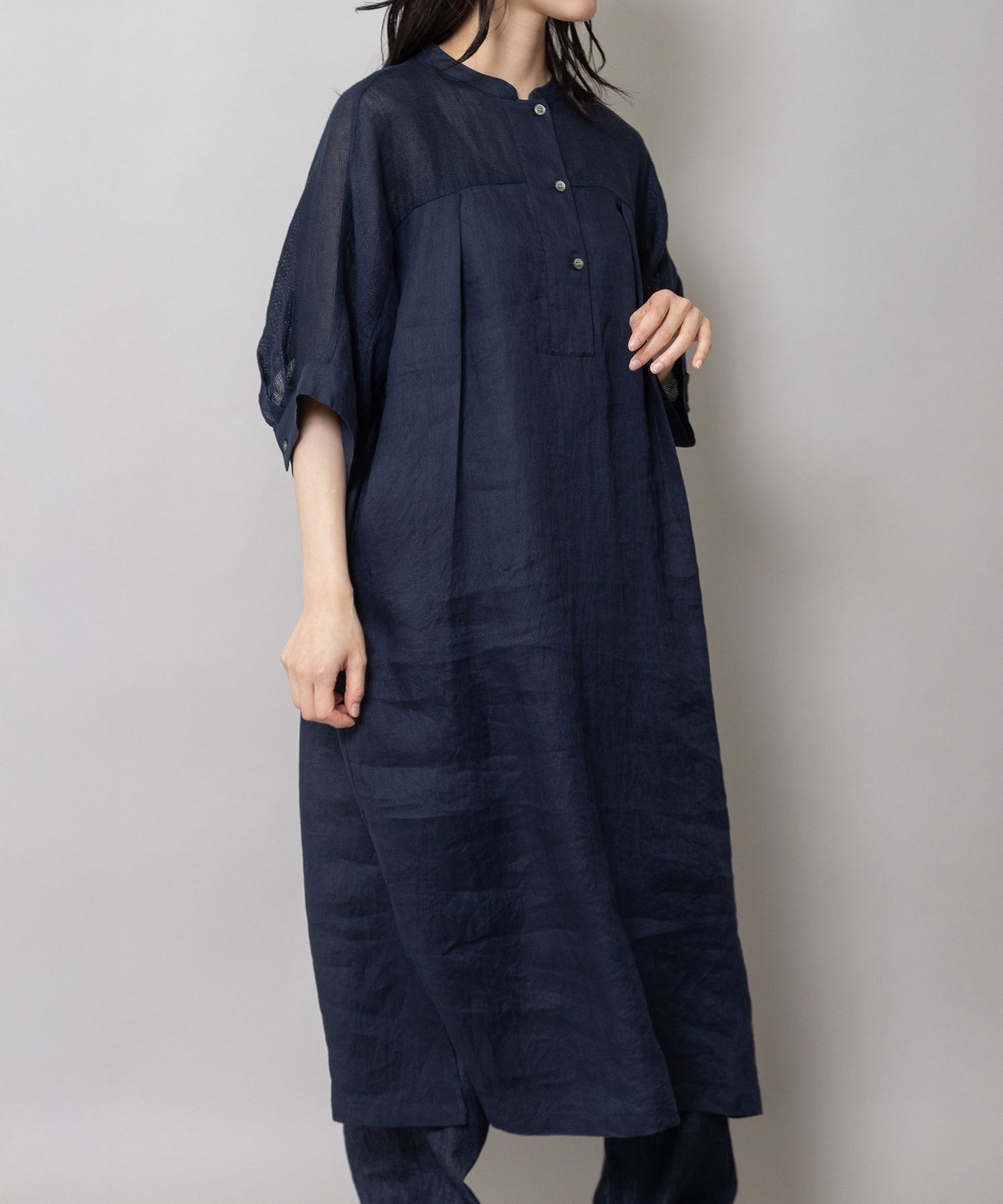 60sリネンキャンバス×40sリネンメッシュシャツワンピース