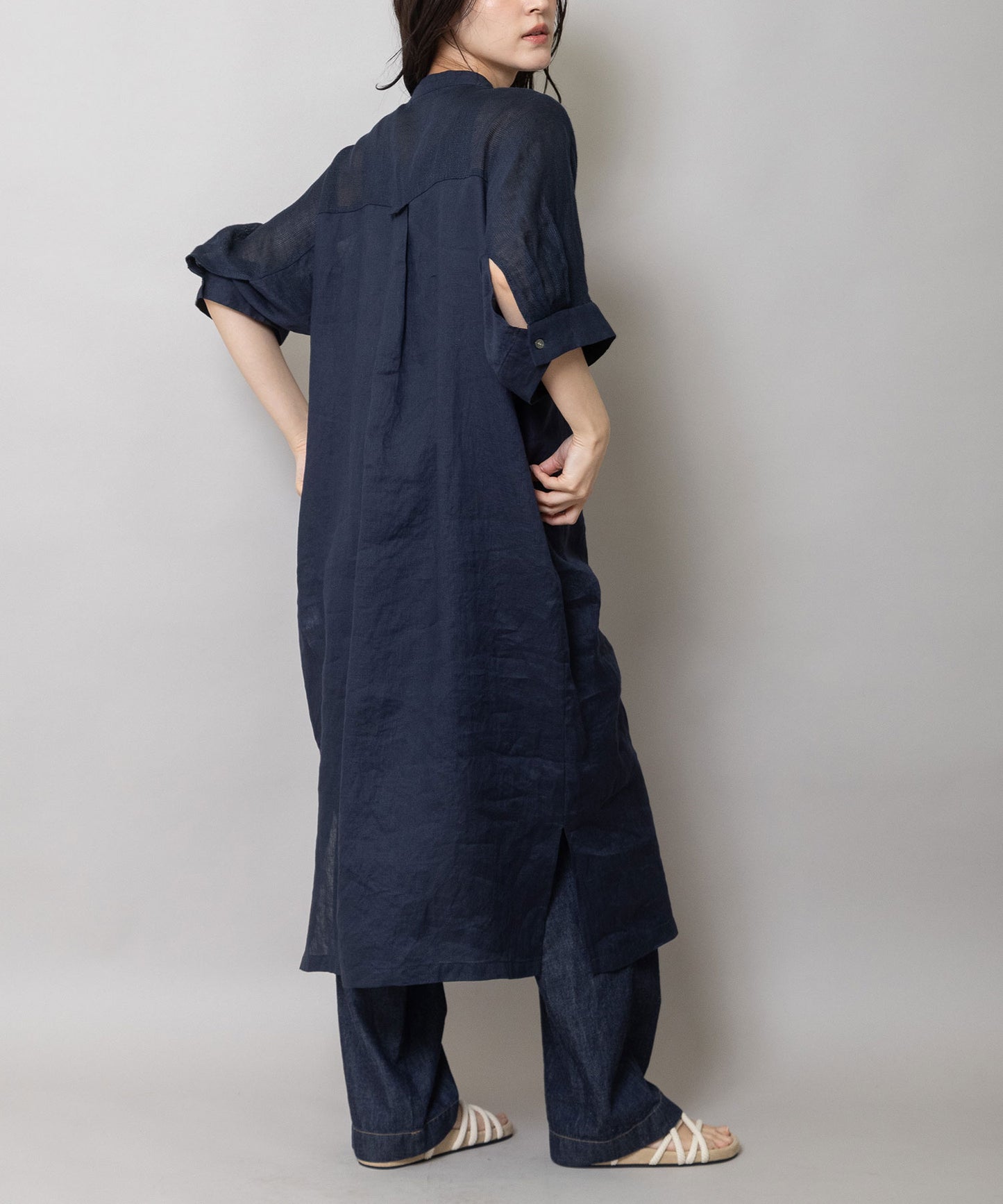 60sリネンキャンバス×40sリネンメッシュシャツワンピース