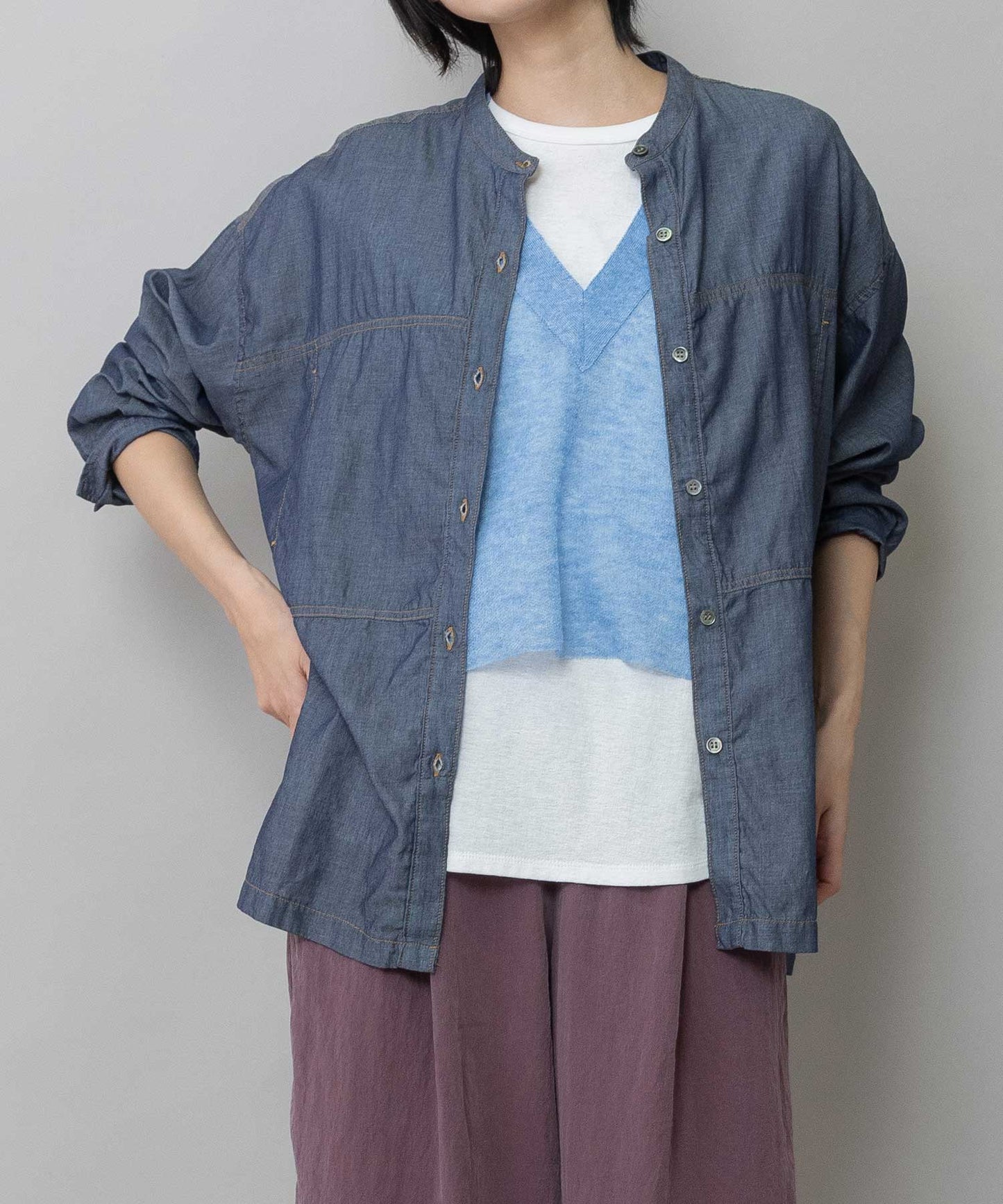 【速乾性】【通気性】2.25ozシアーデニムバンドカラーシャツ