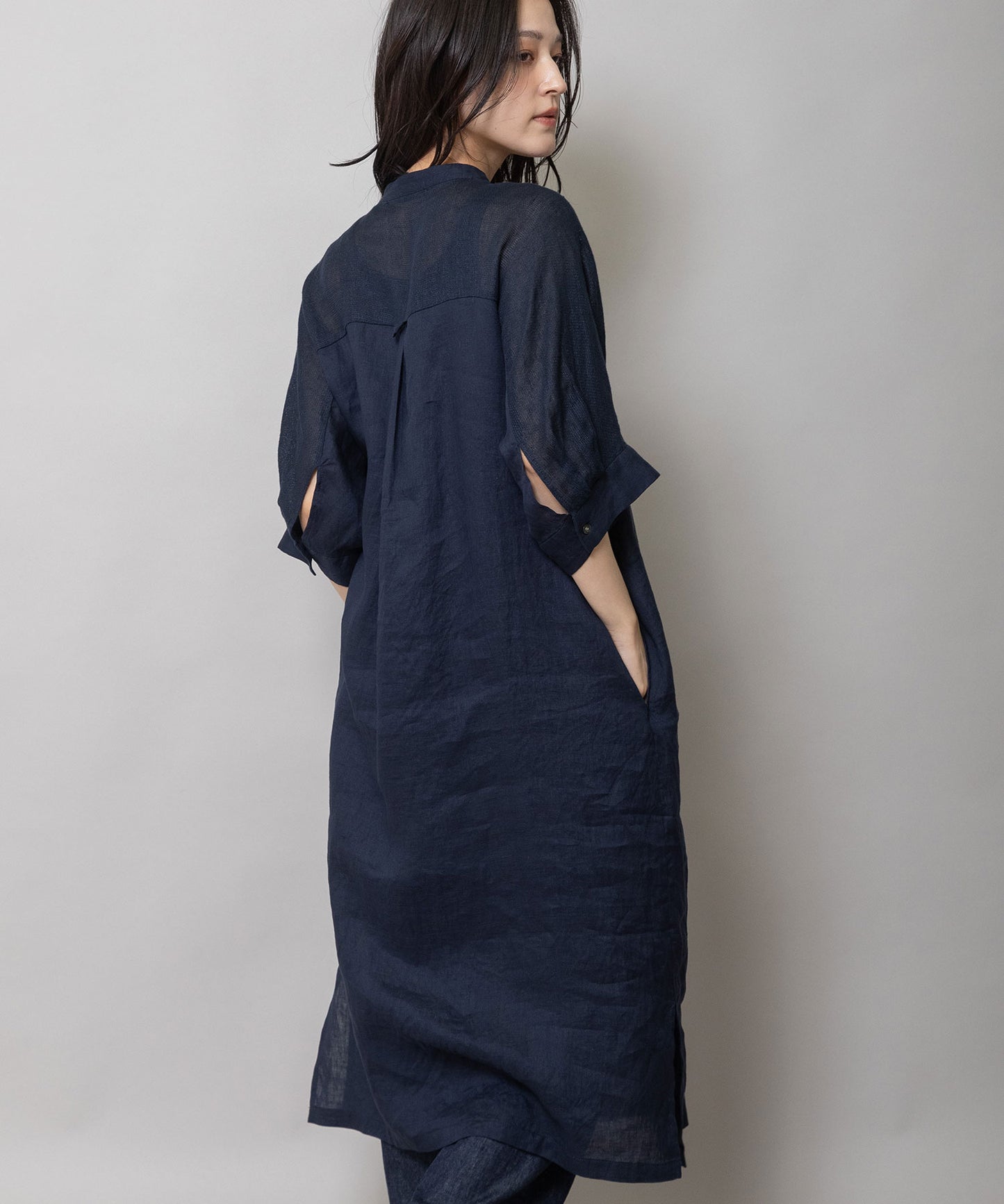 60sリネンキャンバス×40sリネンメッシュシャツワンピース