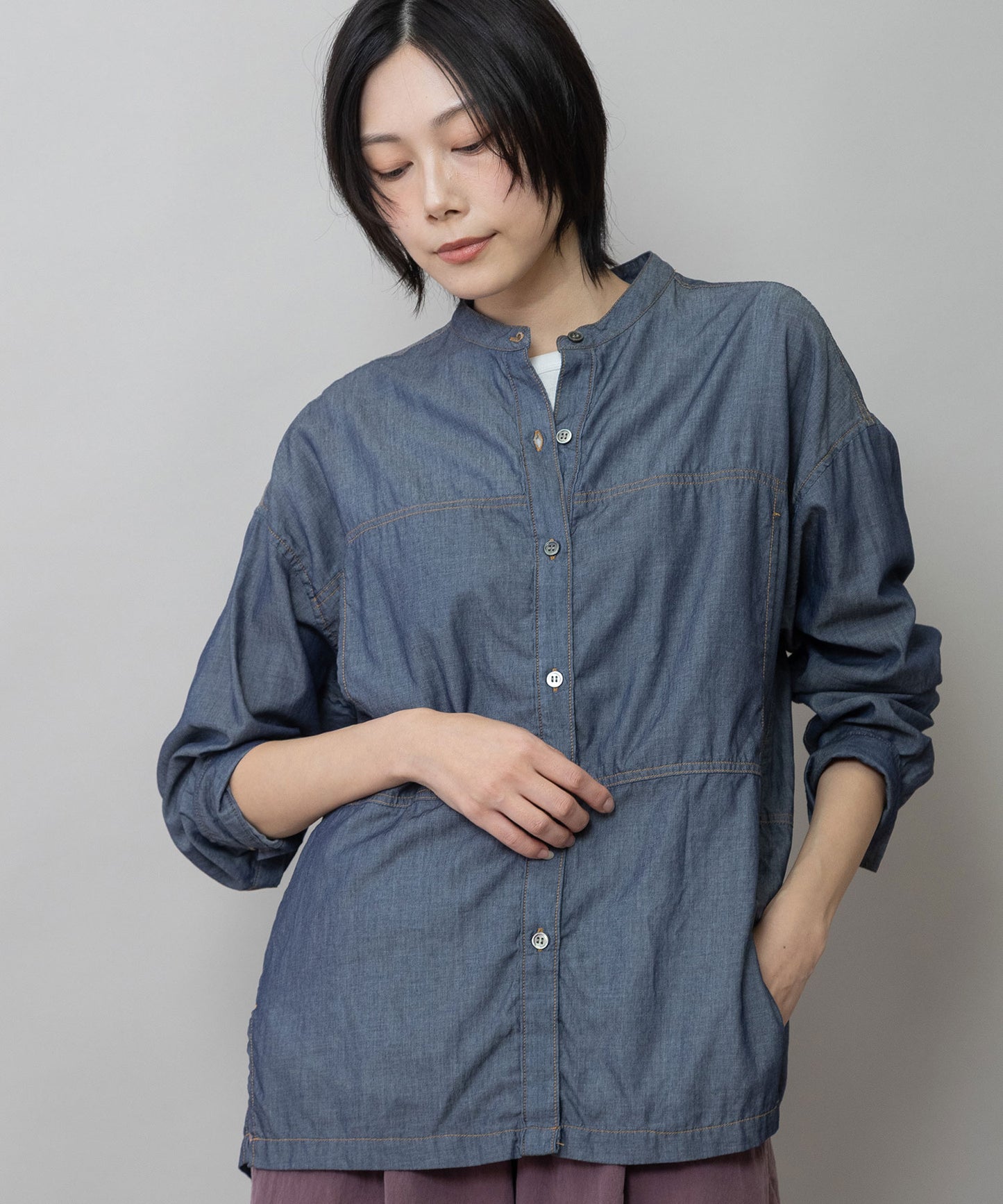 【速乾性】【通気性】2.25ozシアーデニムバンドカラーシャツ