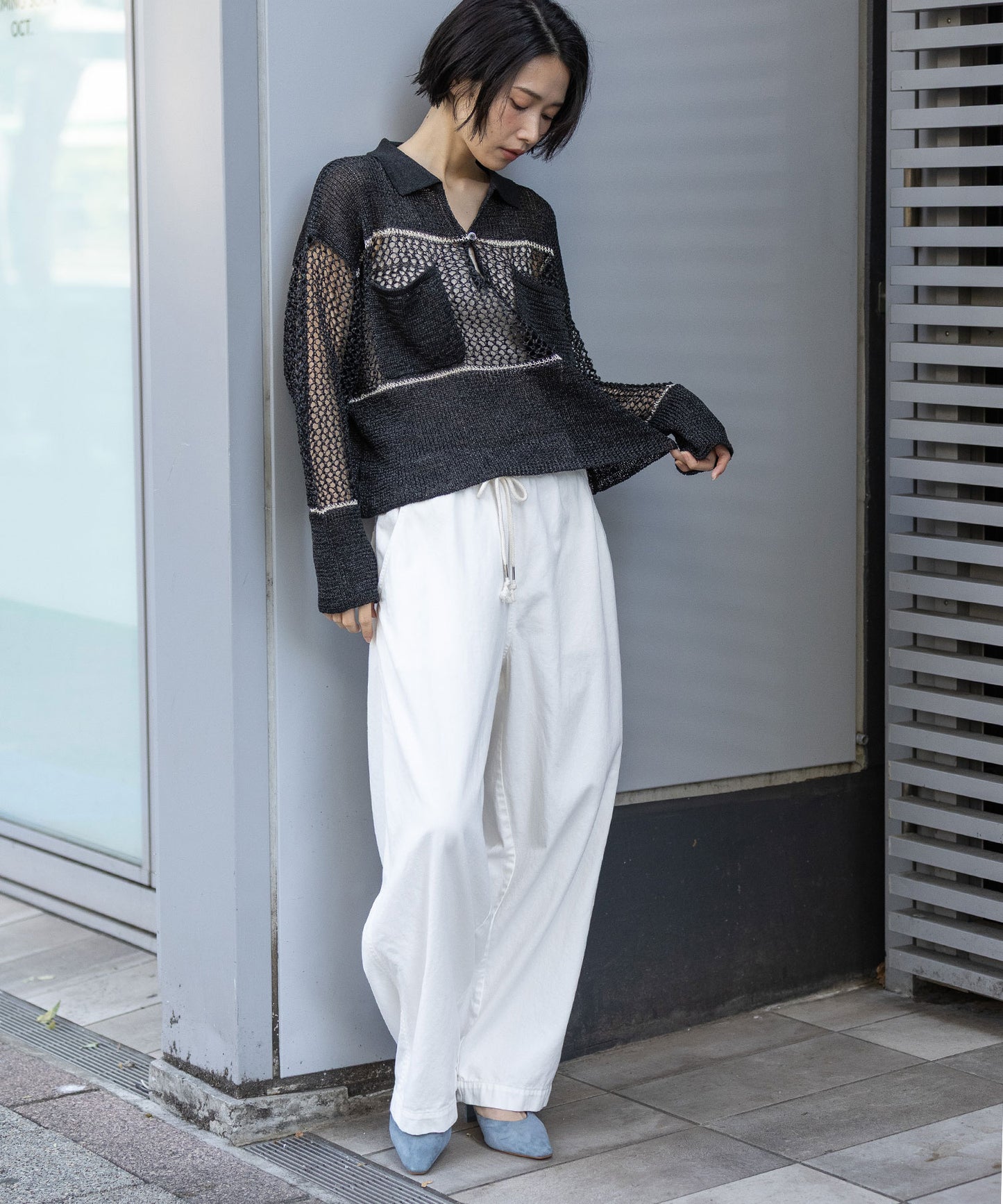 リブ編み×スカシ編みポロニット