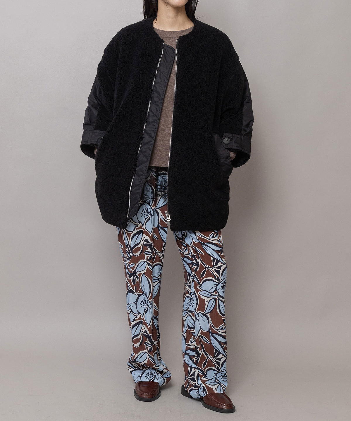 ウールボア×ナイロンツイル ドッキングショートコート