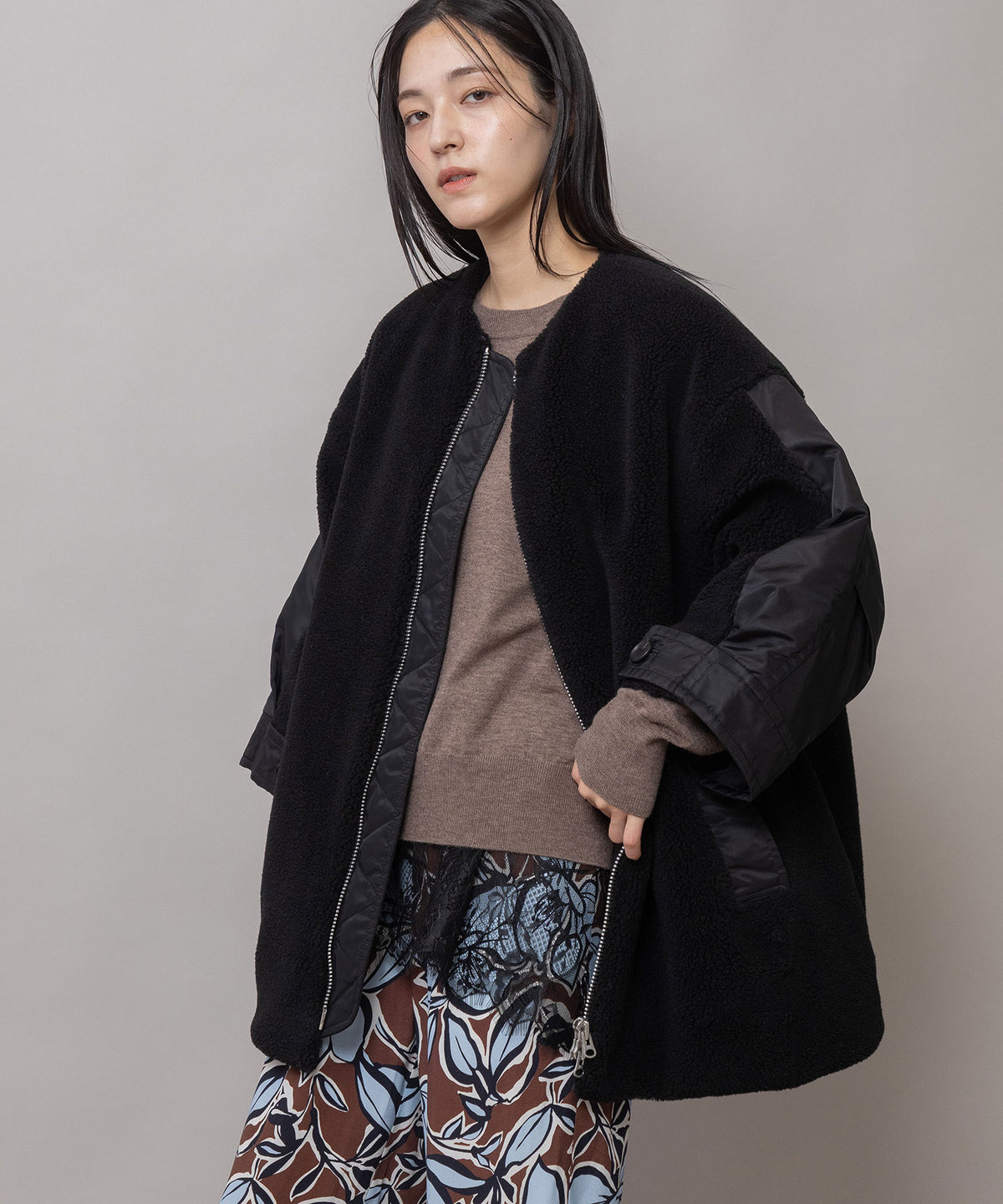 ウールボア×ナイロンツイル ドッキングショートコート
