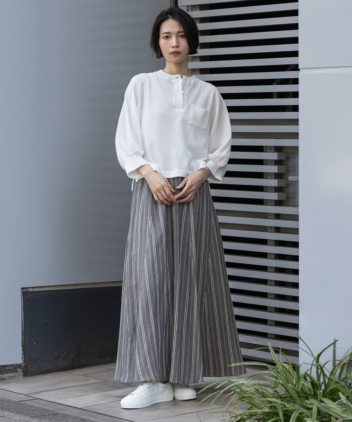 リネンビスコースマルチストライプフレアスカート