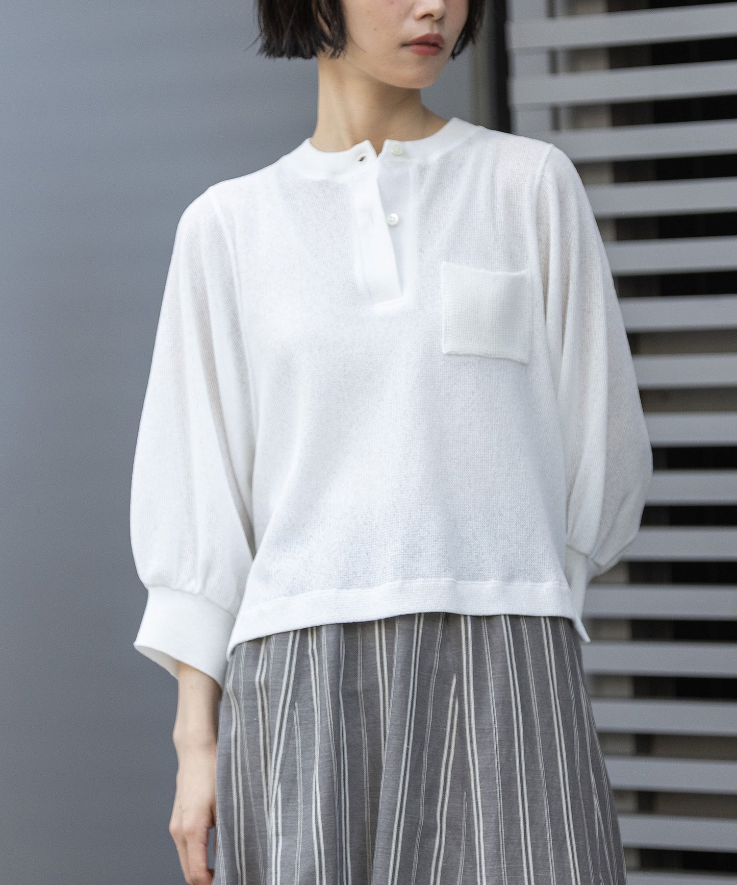 【速乾性】シアーワッフル×ニットリブパフスリーブプルオーバー