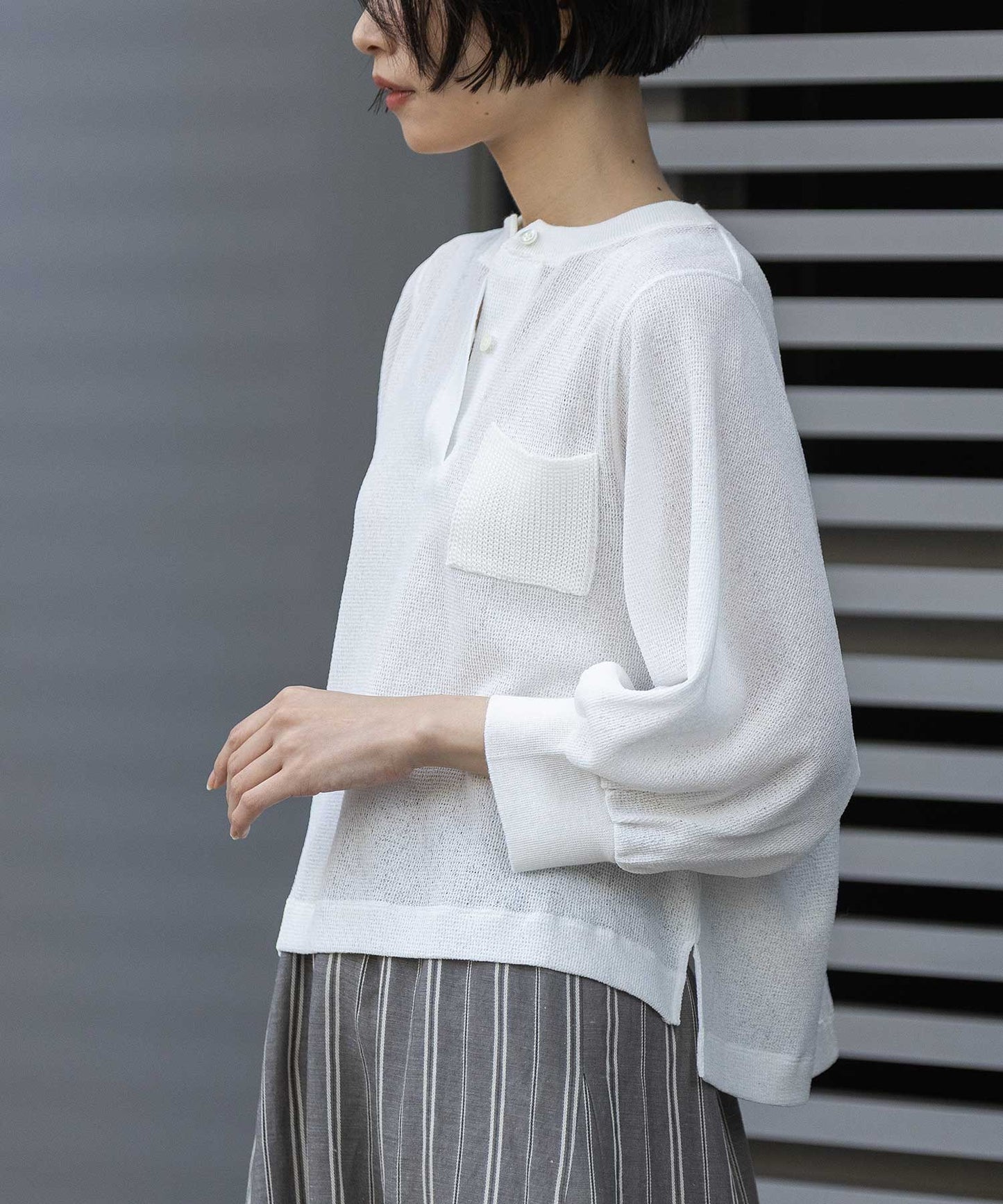 【速乾性】シアーワッフル×ニットリブパフスリーブプルオーバー