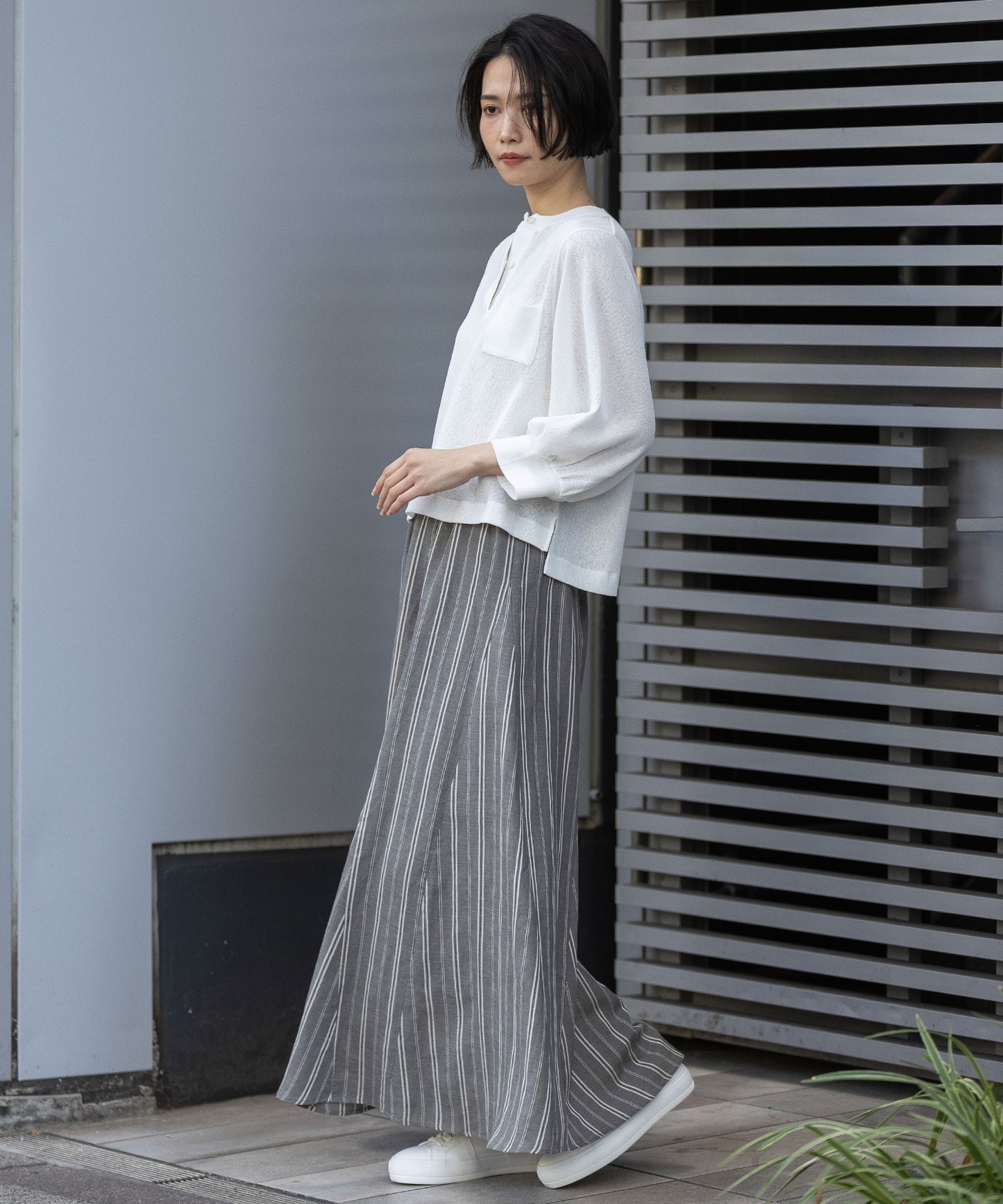 リネンビスコースマルチストライプフレアスカート