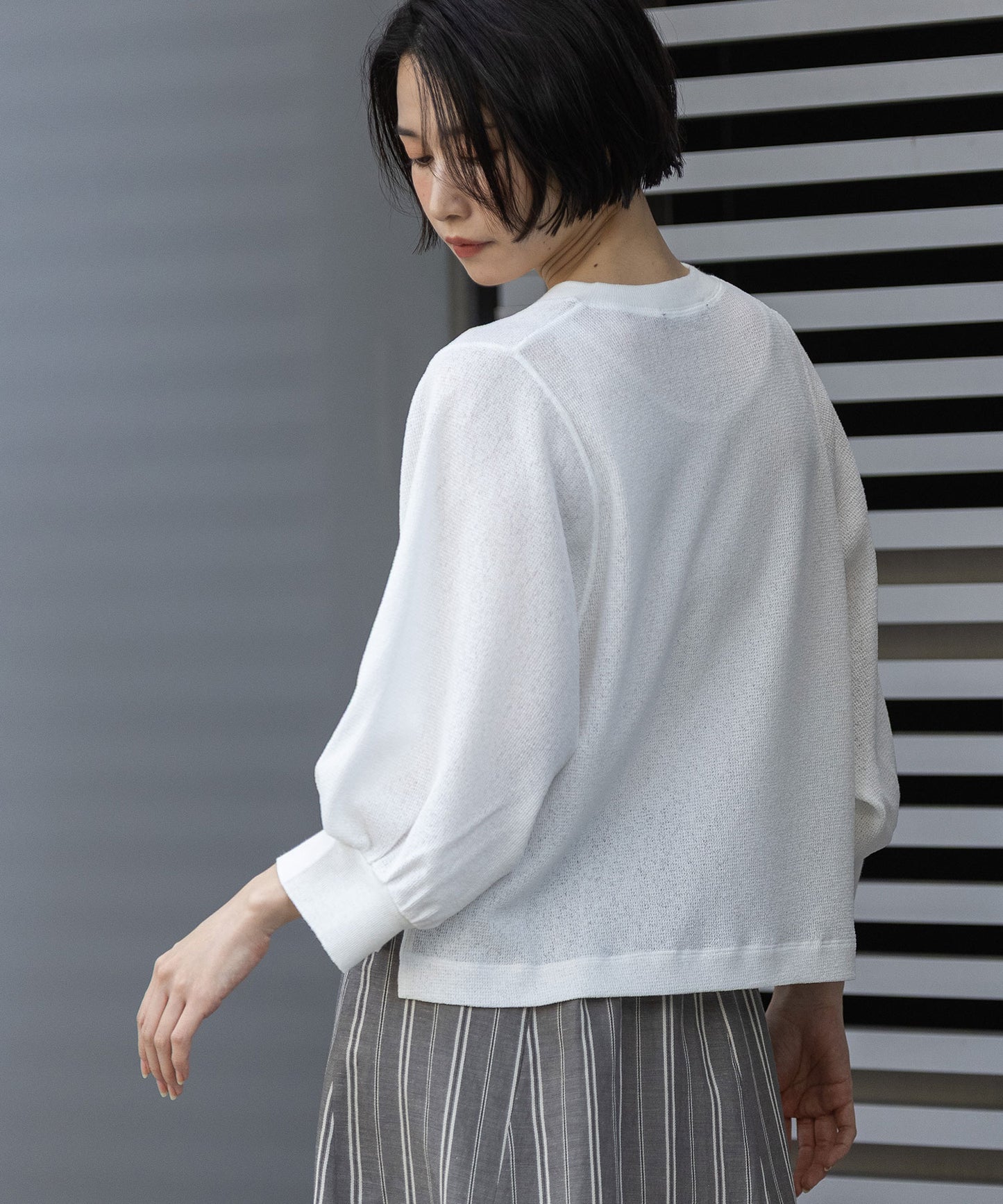 【速乾性】シアーワッフル×ニットリブパフスリーブプルオーバー