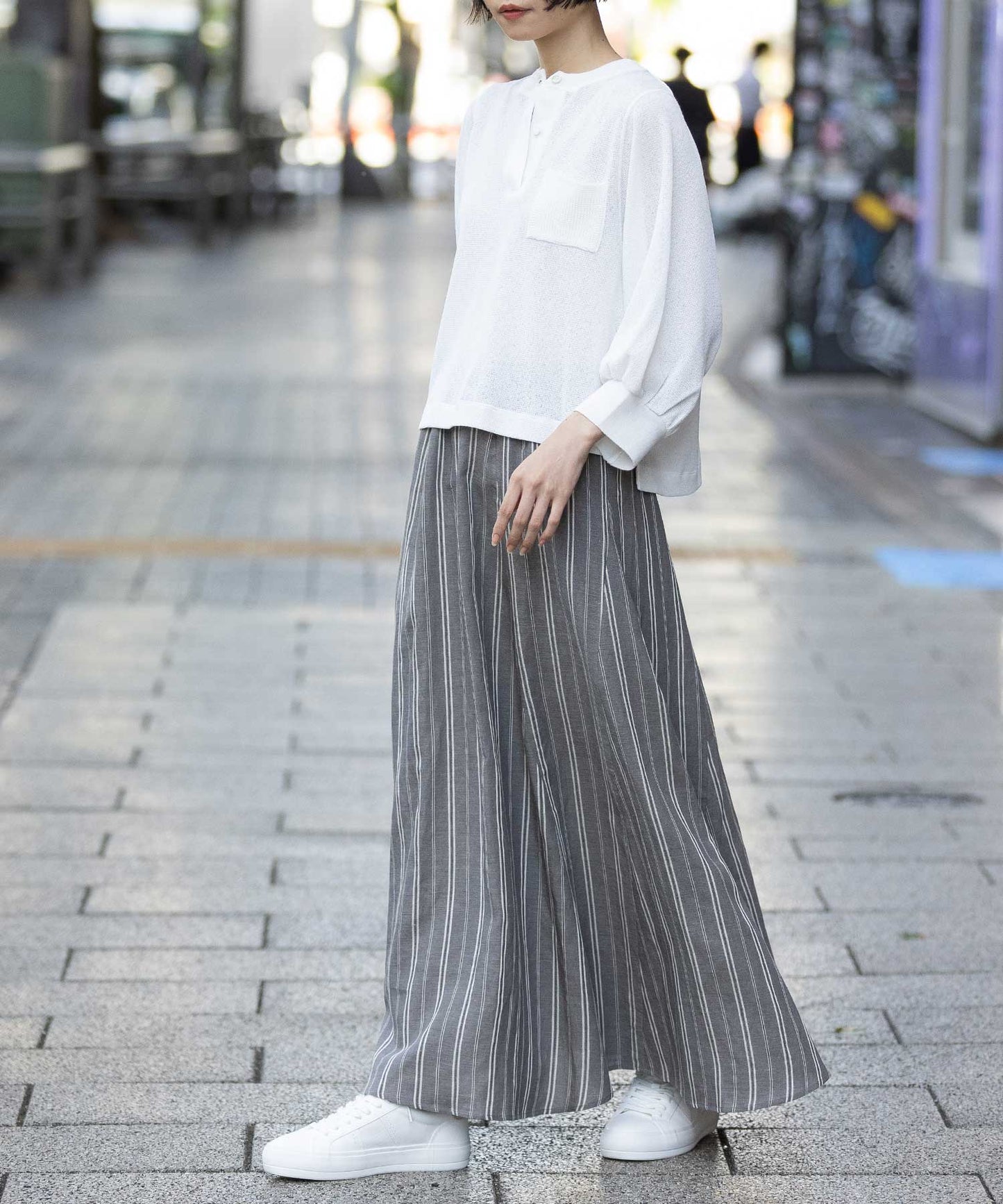 リネンビスコースマルチストライプフレアスカート