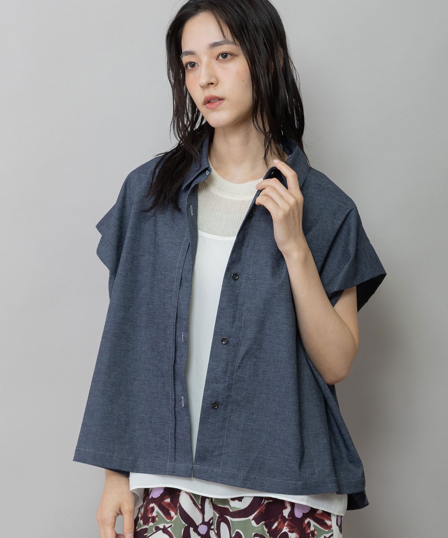 【UVカット】【接触冷感】ヘンプシャンブレータックスリーブシャツ