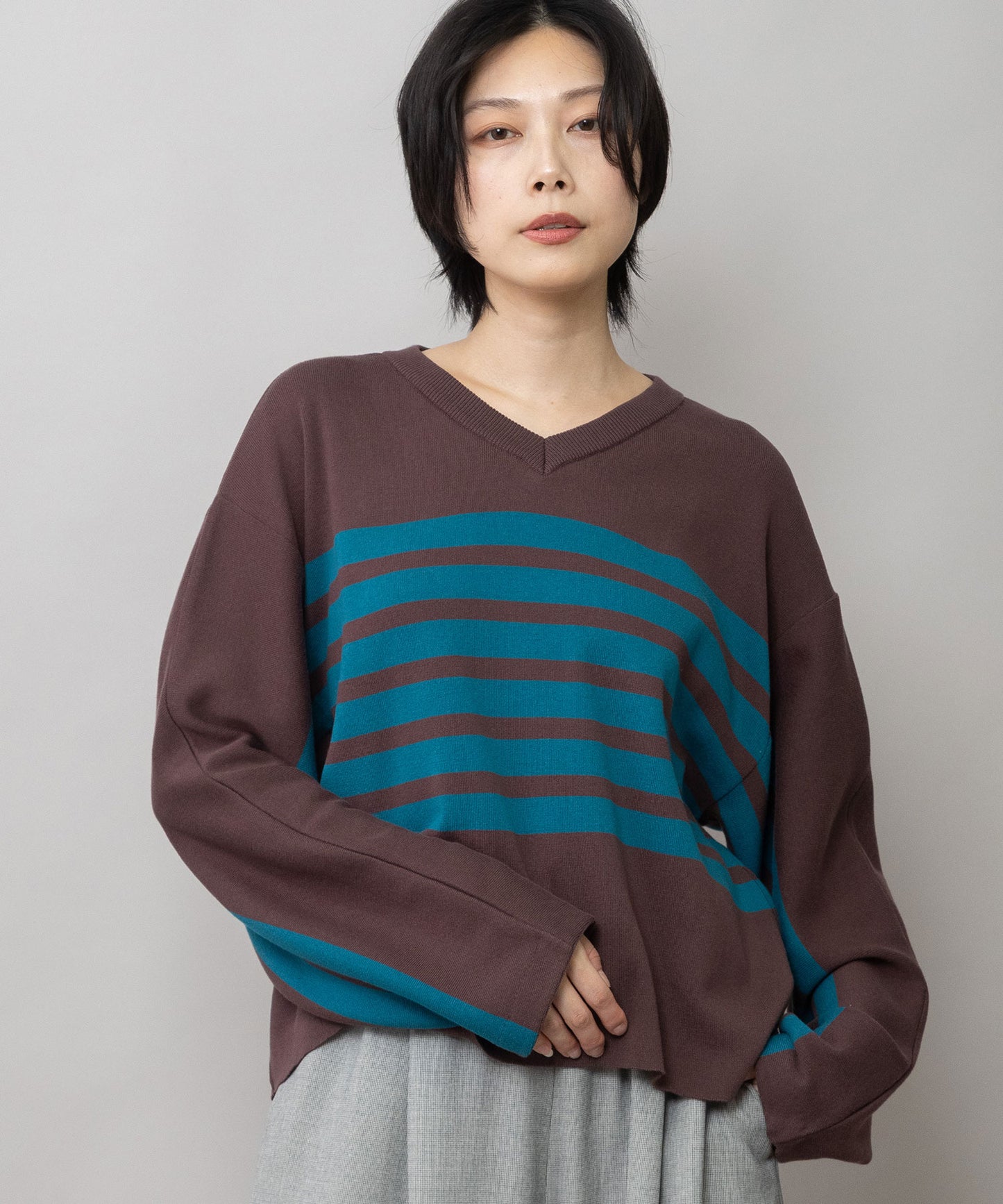 コーマコットンリブ編みニット Vネックプルオーバー
