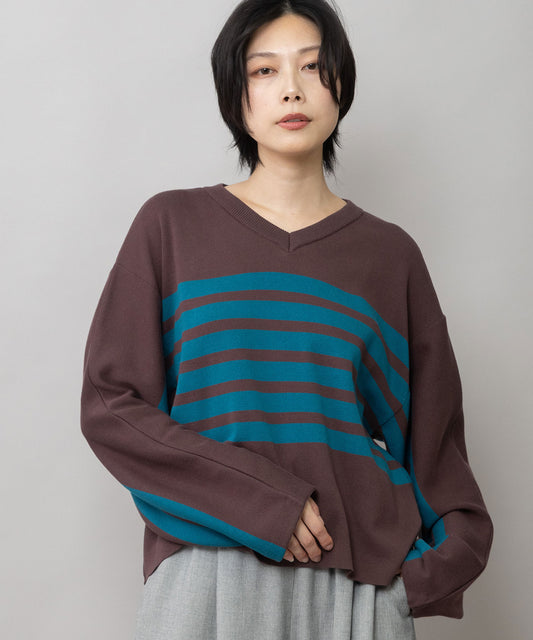 コーマコットンリブ編みニット Vネックプルオーバー