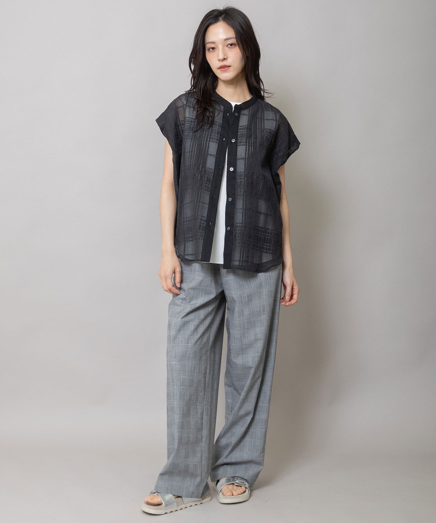 シアージャガードチェック×シワ加工ローンタックスリーブシャツ