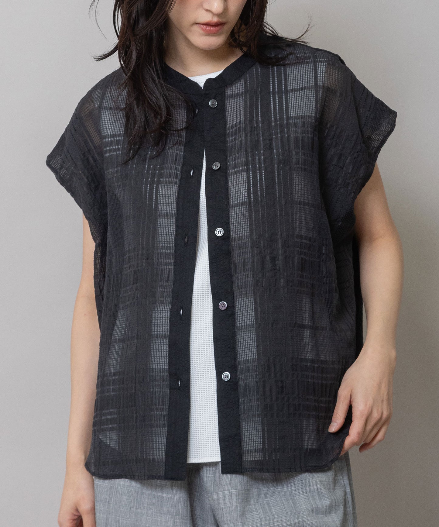 シアージャガードチェック×シワ加工ローンタックスリーブシャツ