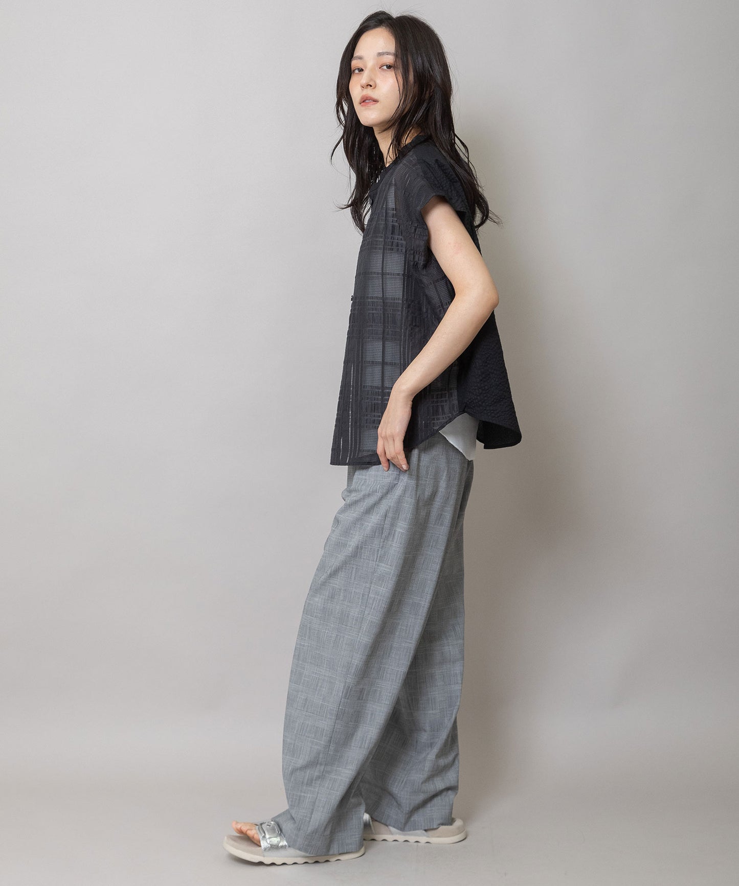 シアージャガードチェック×シワ加工ローンタックスリーブシャツ