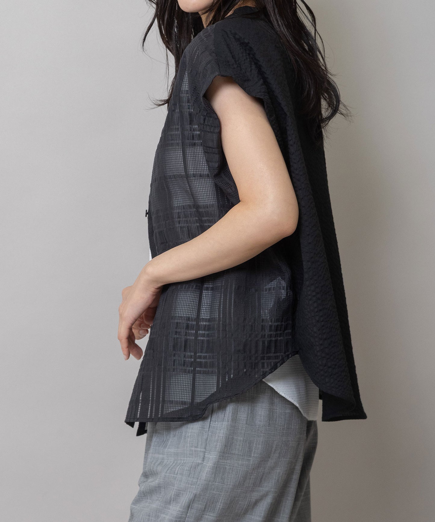 シアージャガードチェック×シワ加工ローンタックスリーブシャツ