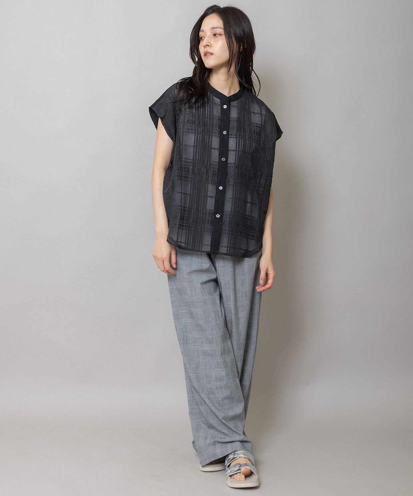 シアージャガードチェック×シワ加工ローンタックスリーブシャツ