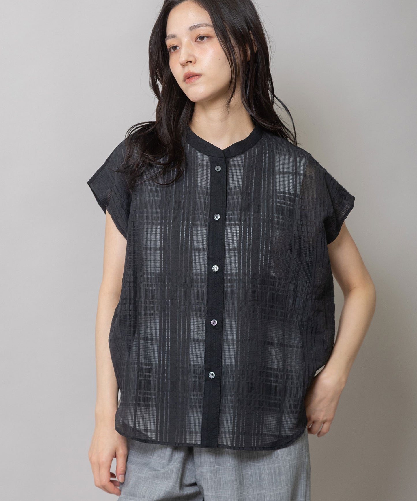 シアージャガードチェック×シワ加工ローンタックスリーブシャツ