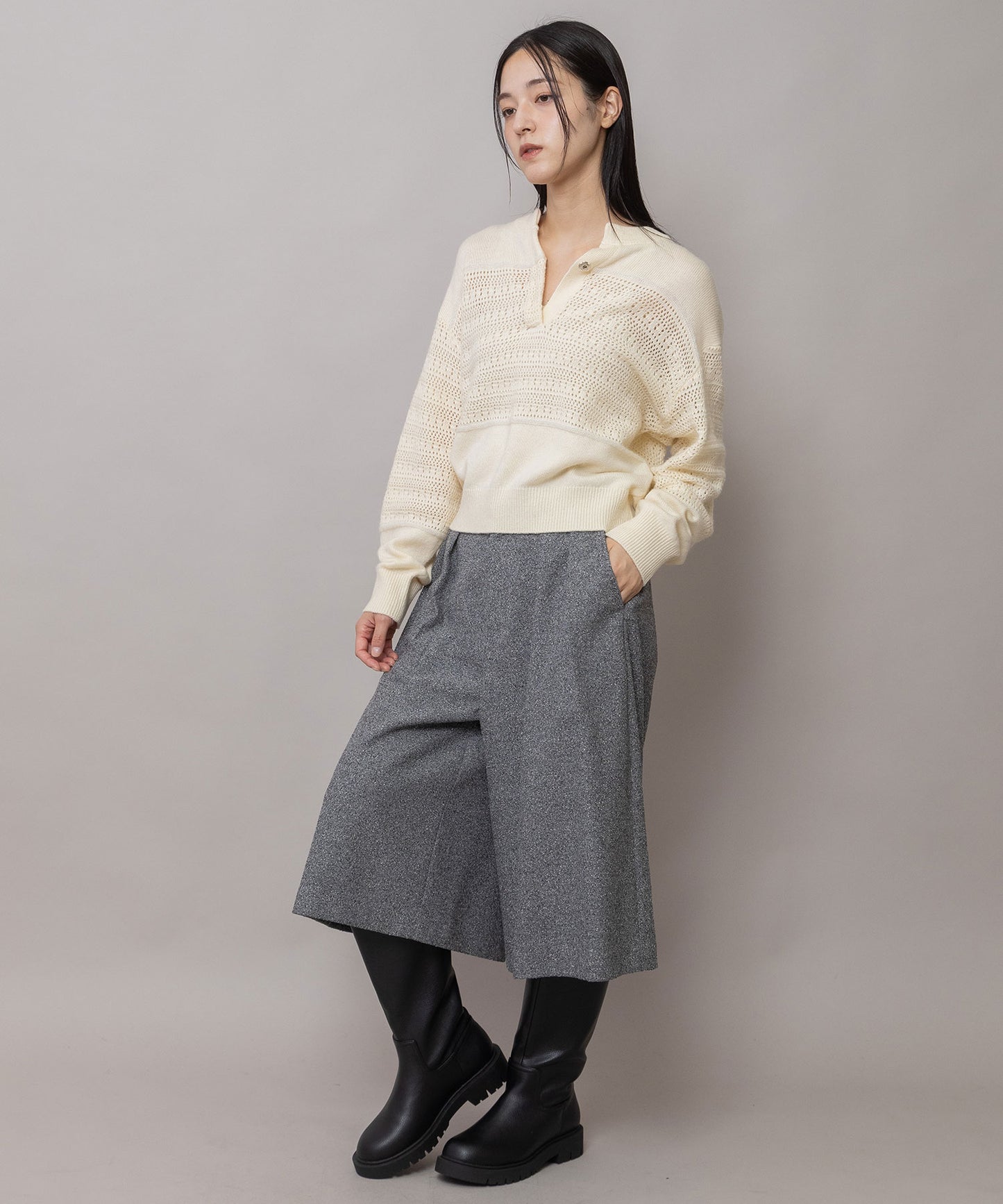 透かし編みニット×モヘア ヘンリーネックプルオーバー