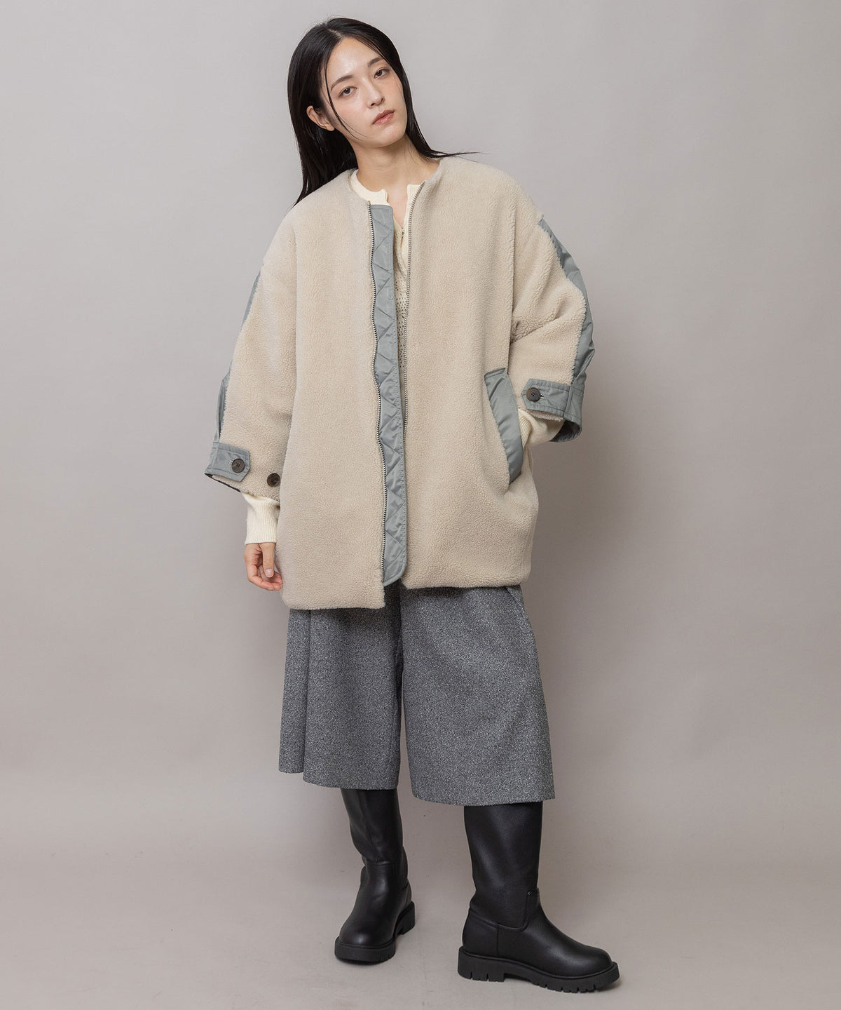 ウールボア×ナイロンツイル ドッキングショートコート