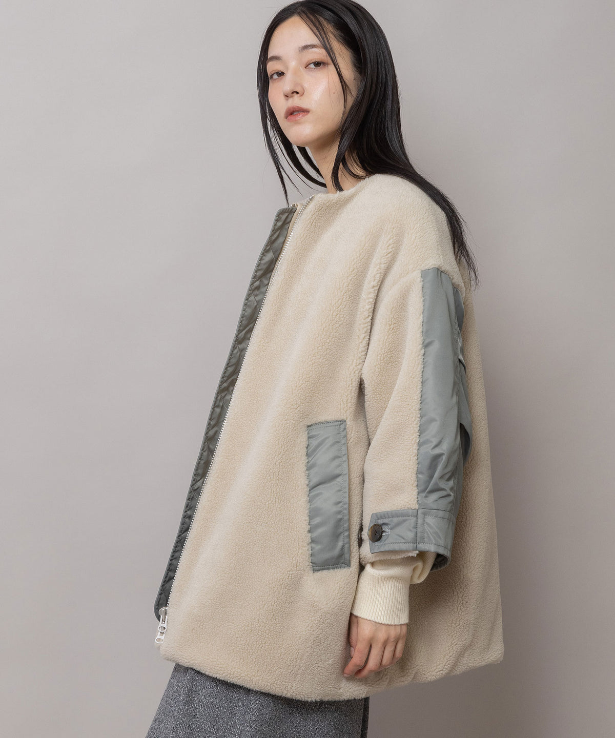 ウールボア×ナイロンツイル ドッキングショートコート