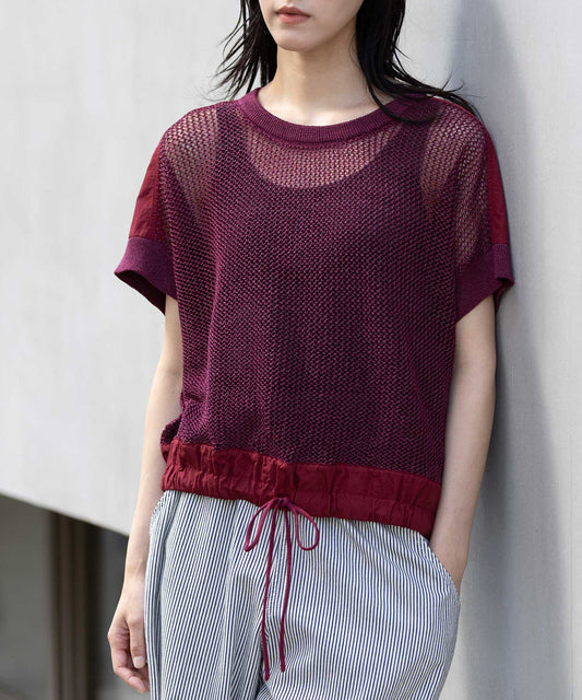 スカシ編みニット×タフタドッキングショートプルオーバー