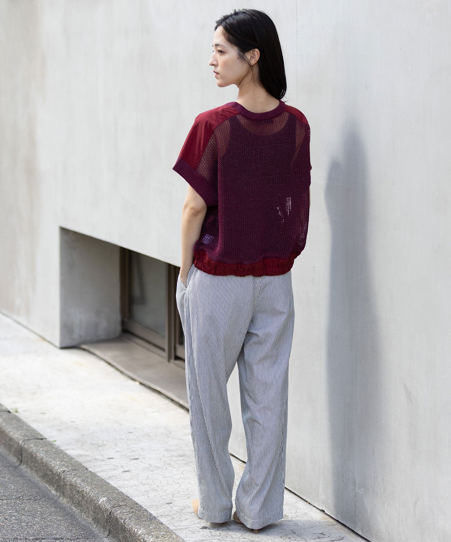 スカシ編みニット×タフタドッキングショートプルオーバー – Munich web