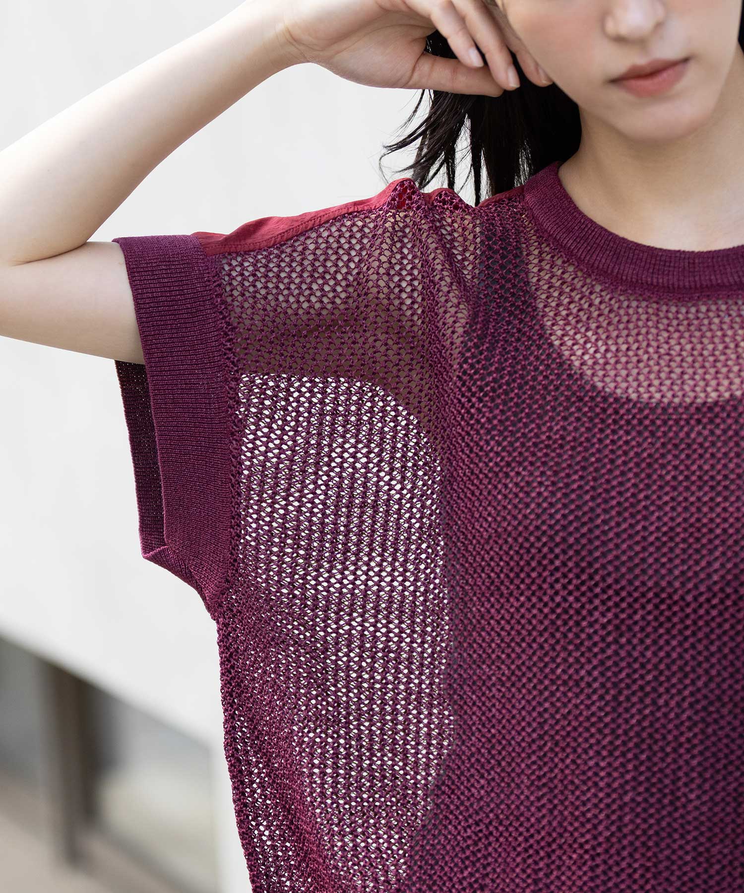 シースルーブロッキングニット今期完売新品タグ付き ダブルフェイスシアーニット｜DAY by DAY It's international