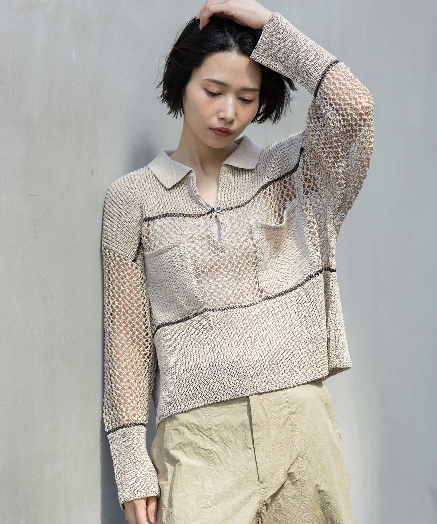 リブ編み×スカシ編みポロニット