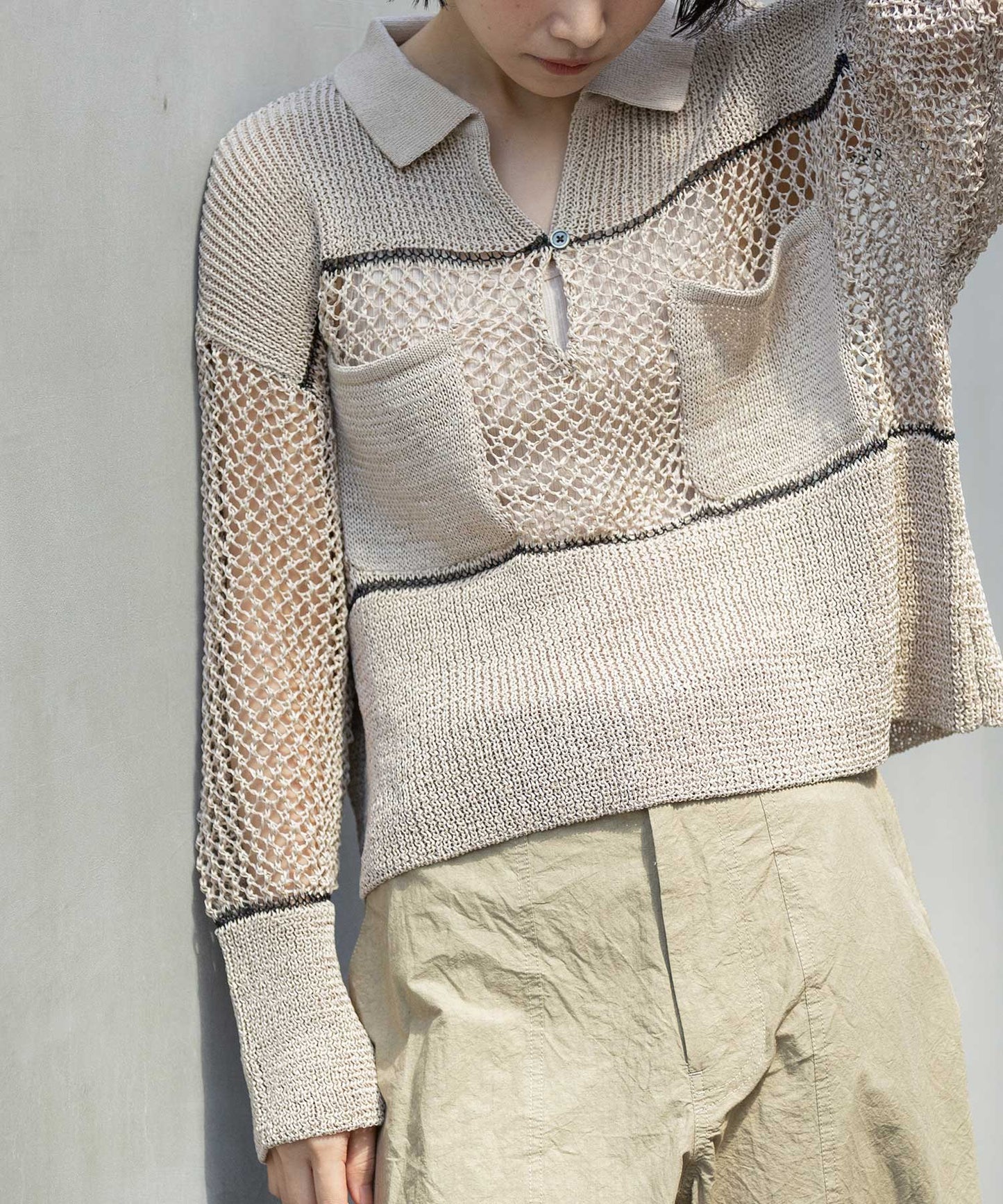 リブ編み×スカシ編みポロニット
