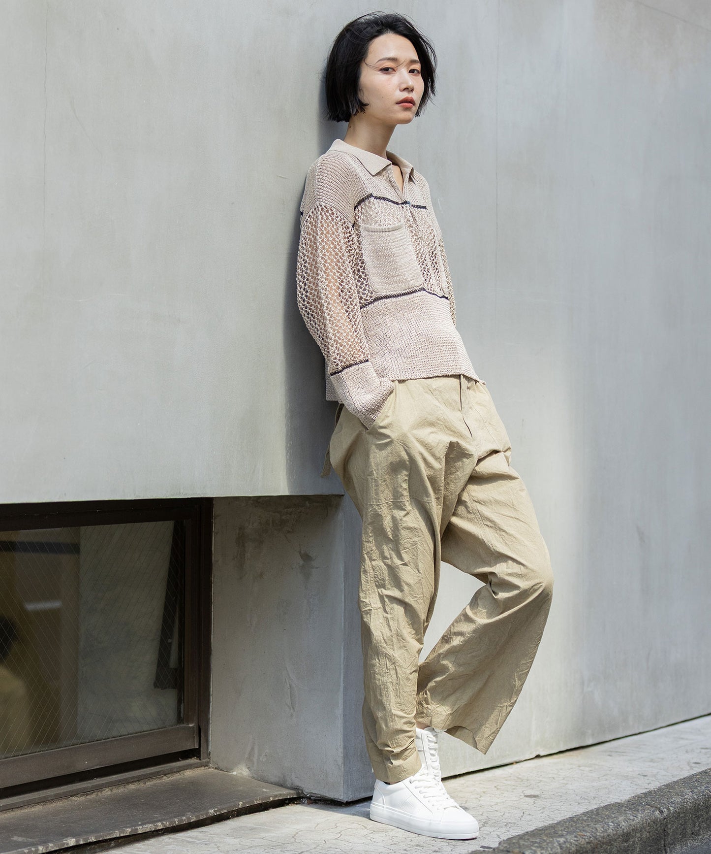 リブ編み×スカシ編みポロニット