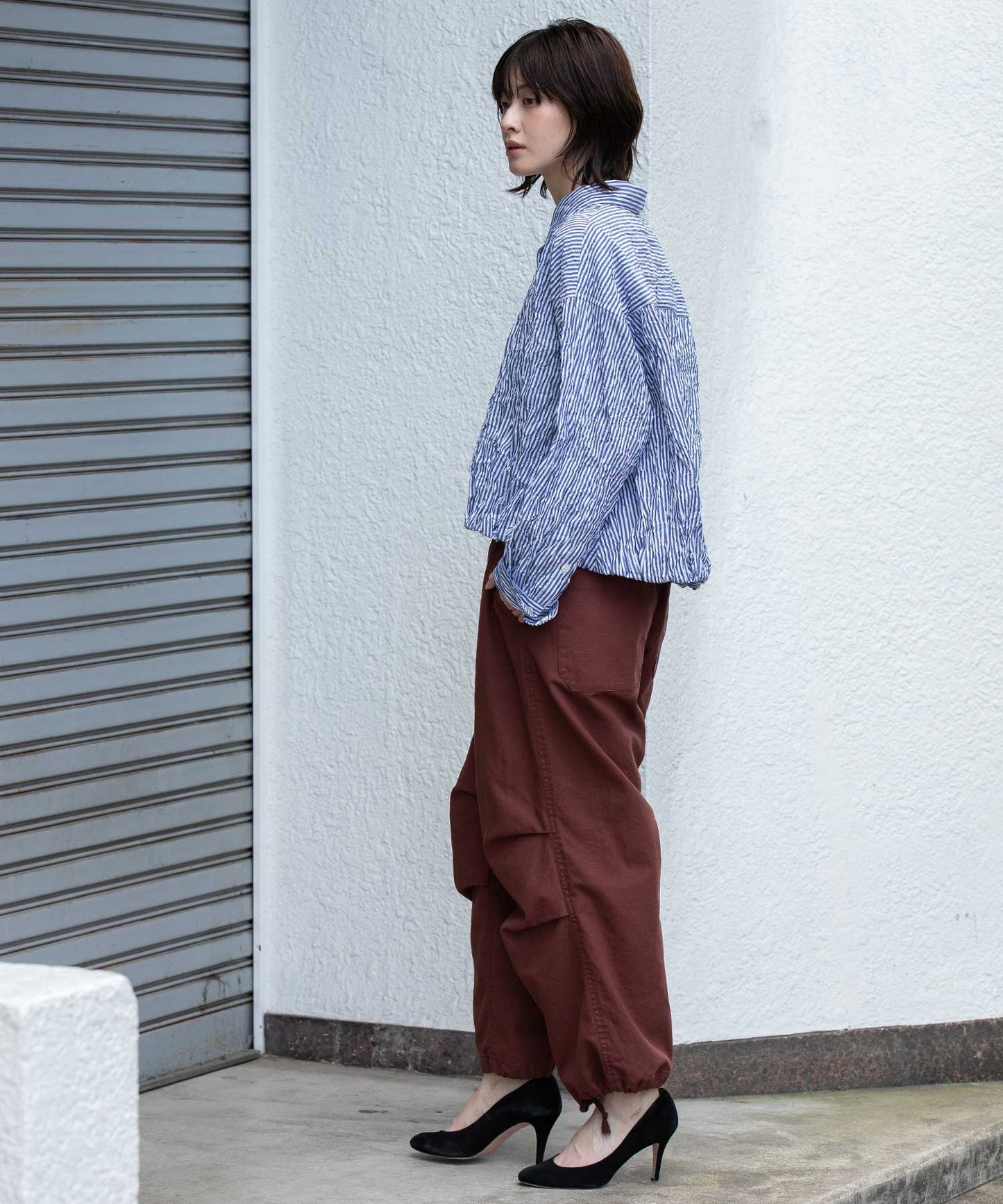 ワッシャーブロード＆ストライプバルーンシャツ