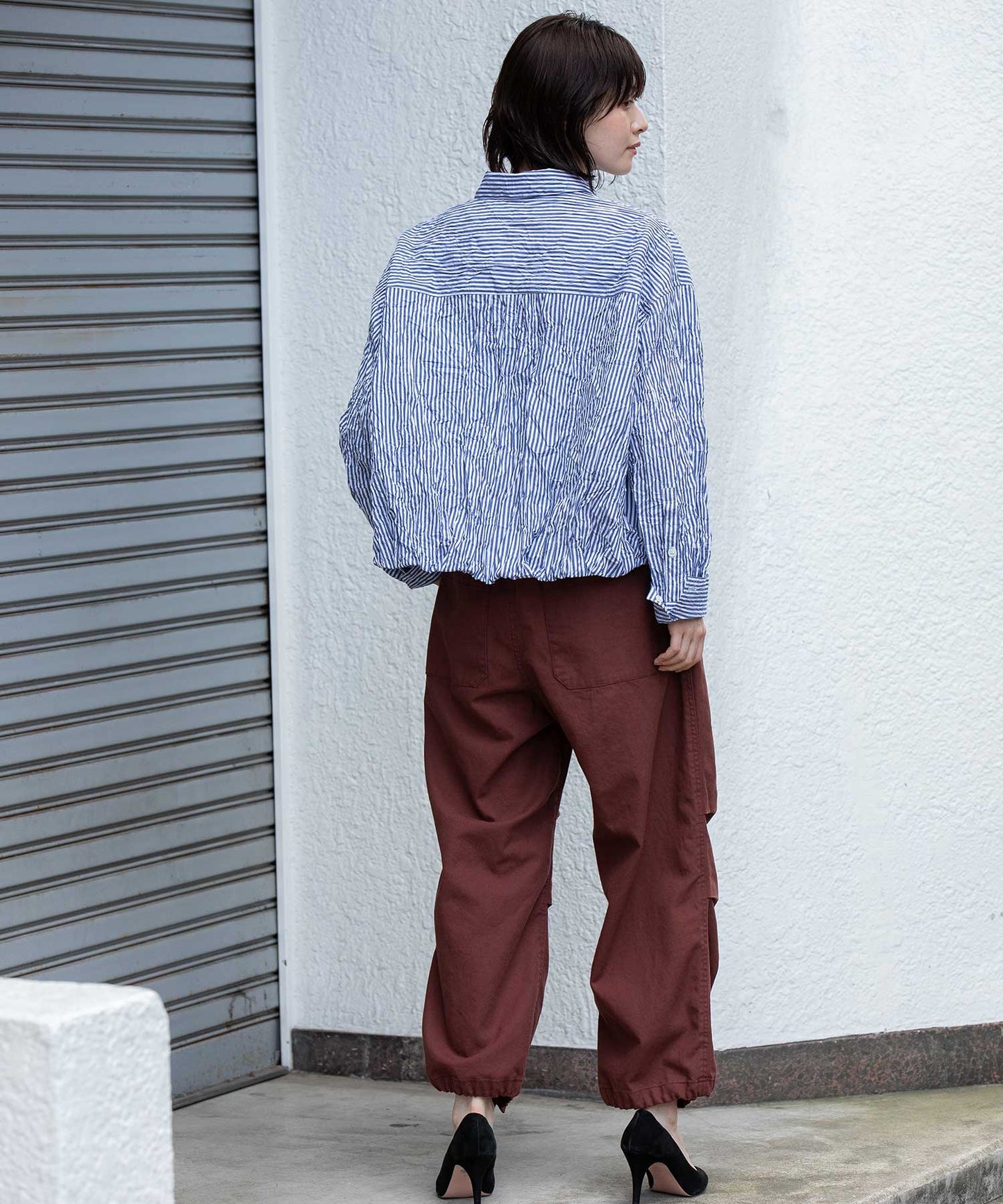 ワッシャーブロード＆ストライプバルーンシャツ