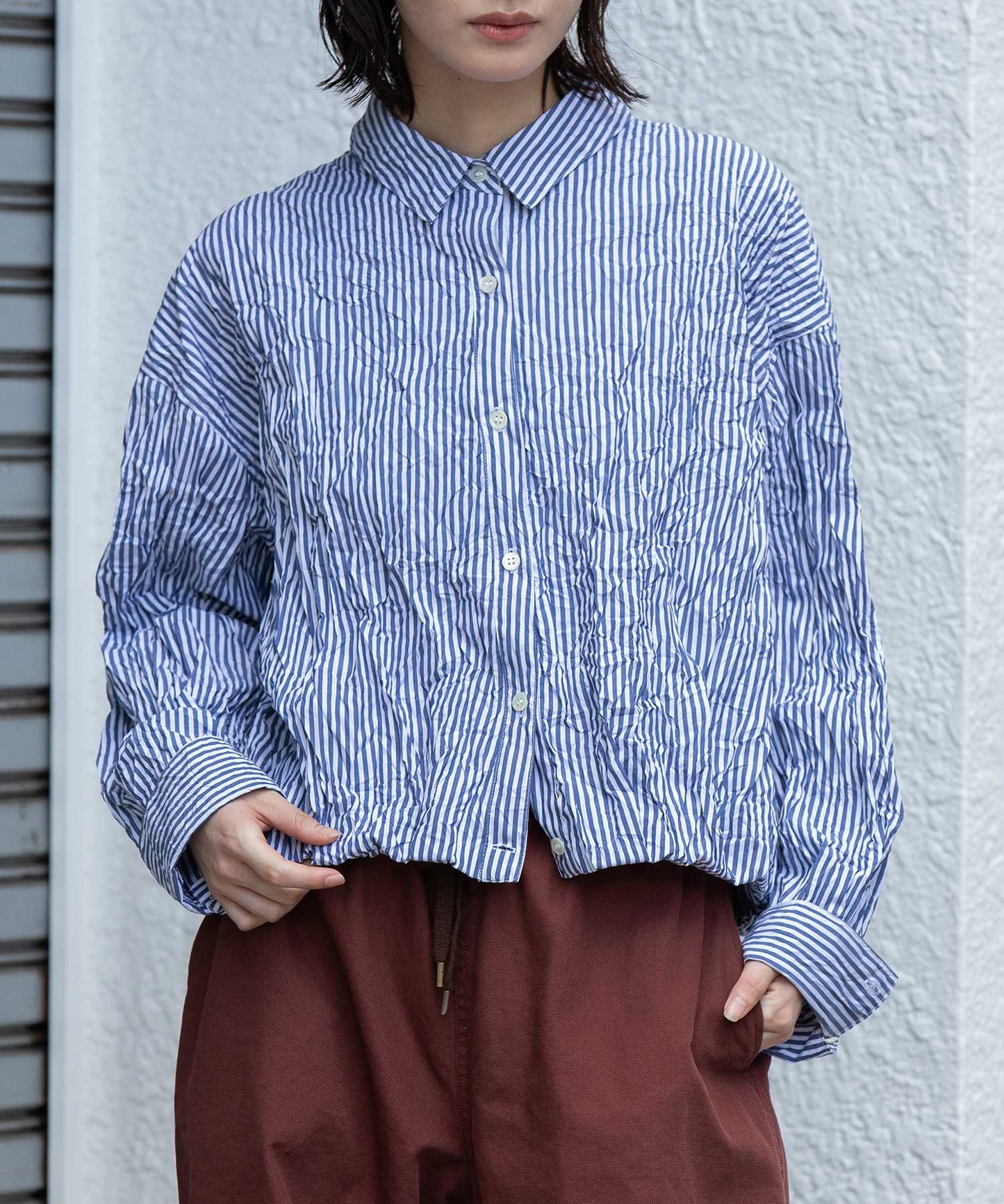 ワッシャーブロード＆ストライプバルーンシャツ