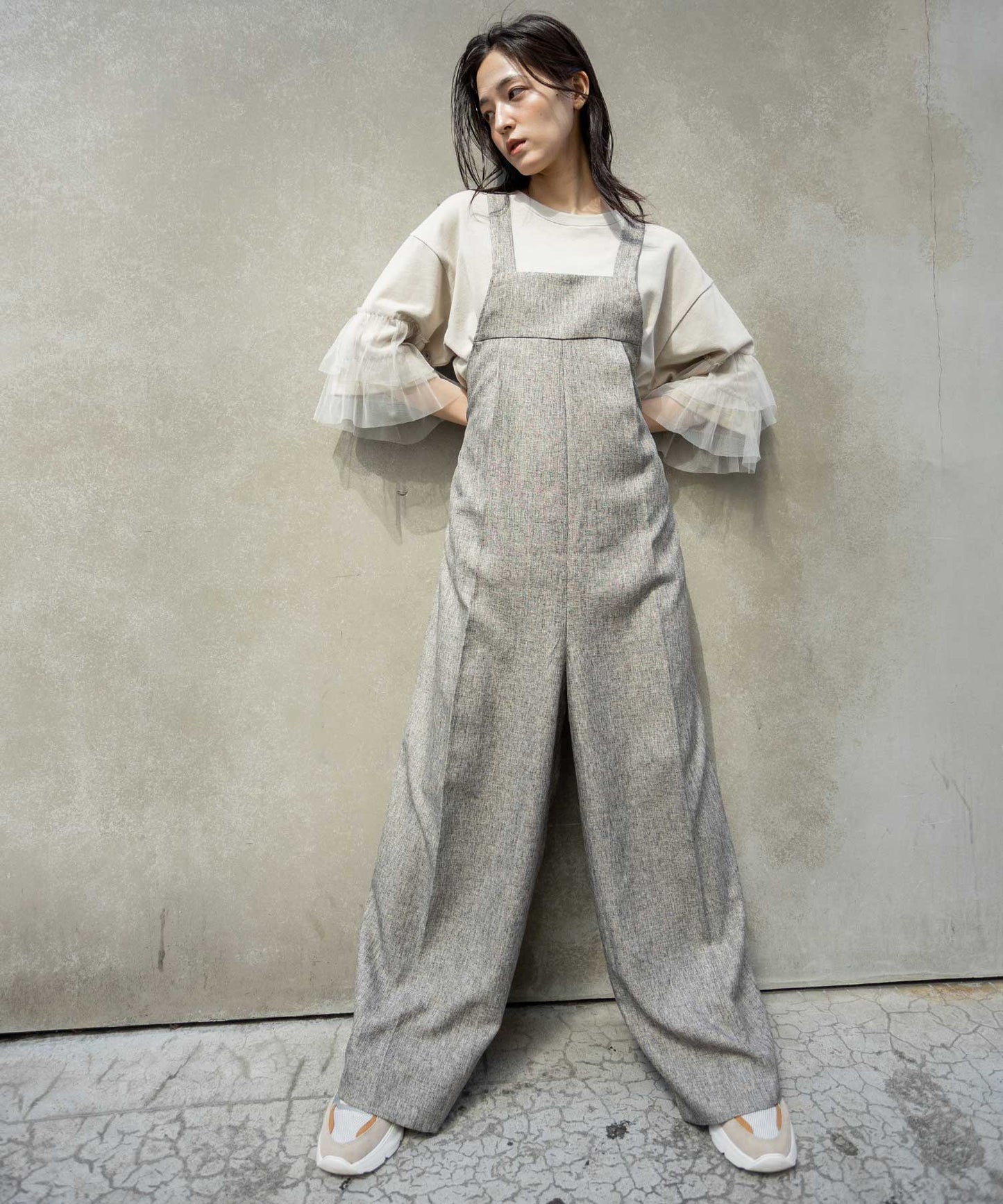 【ウォッシャブル】【防シワ】ツイード調ツイルコンビネゾン
