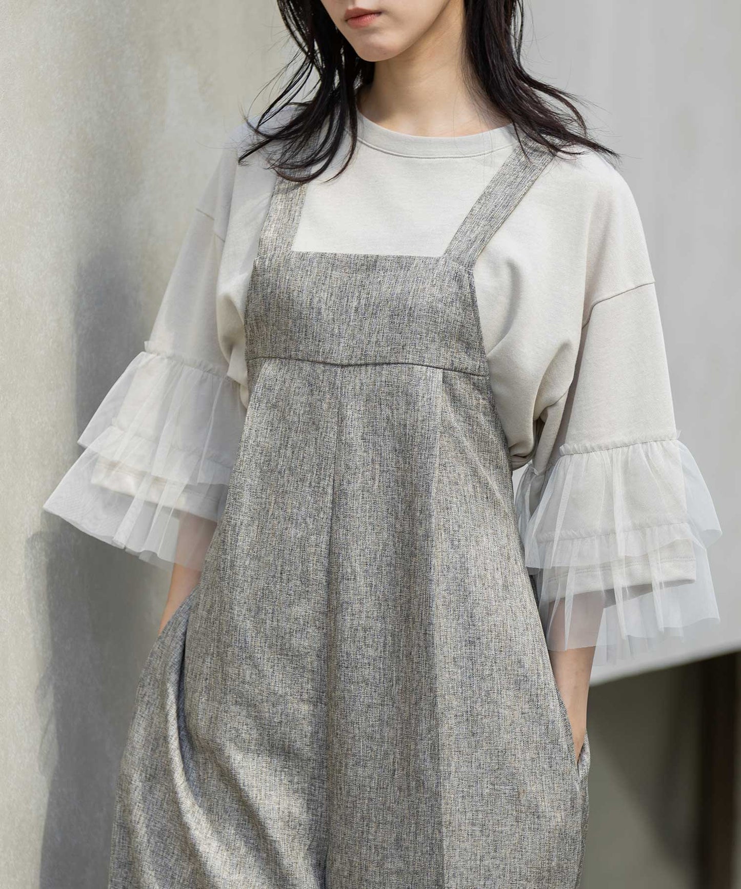 【ウォッシャブル】【防シワ】ツイード調ツイルコンビネゾン