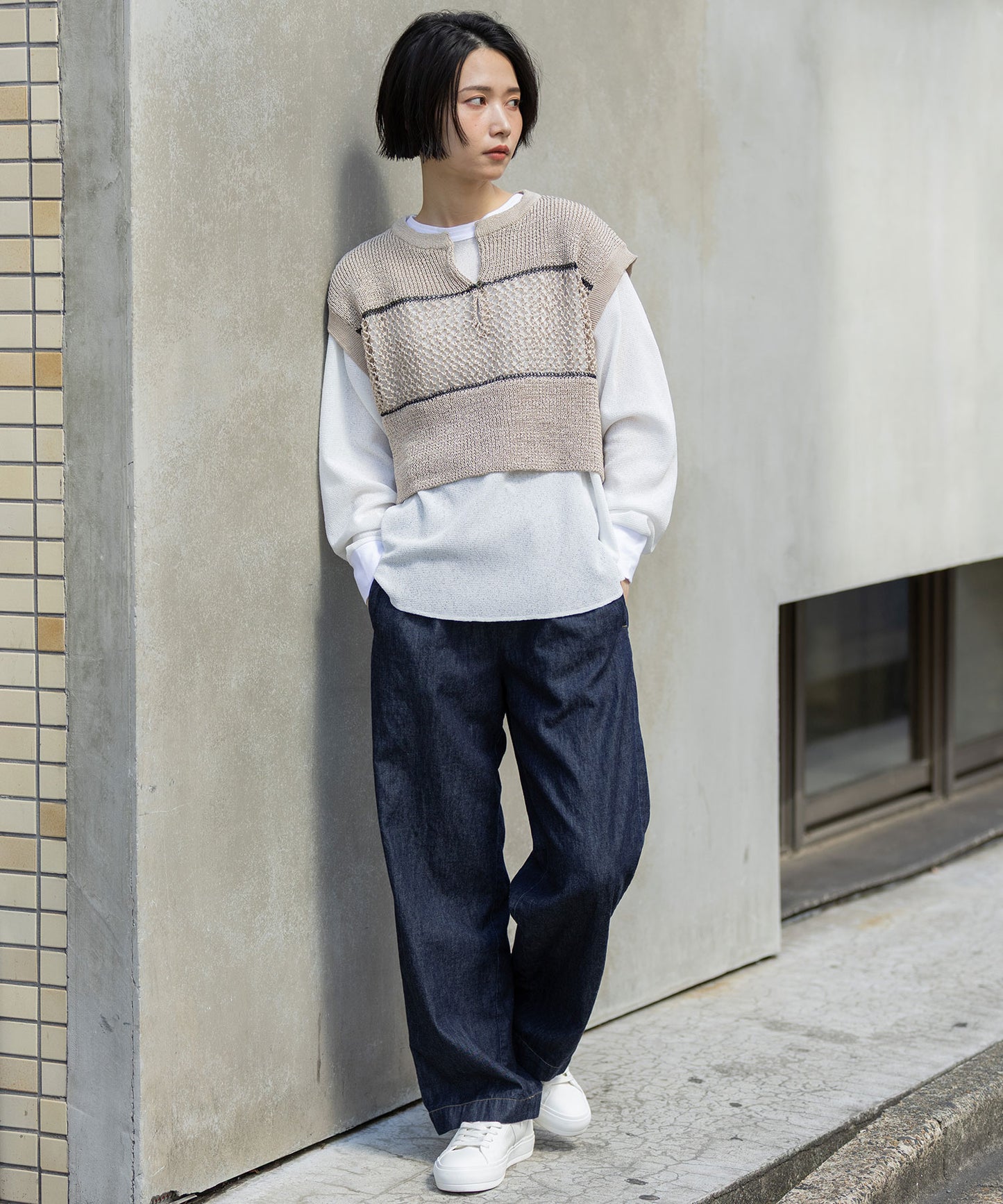 リブ編み×スカシ編みニットジレ