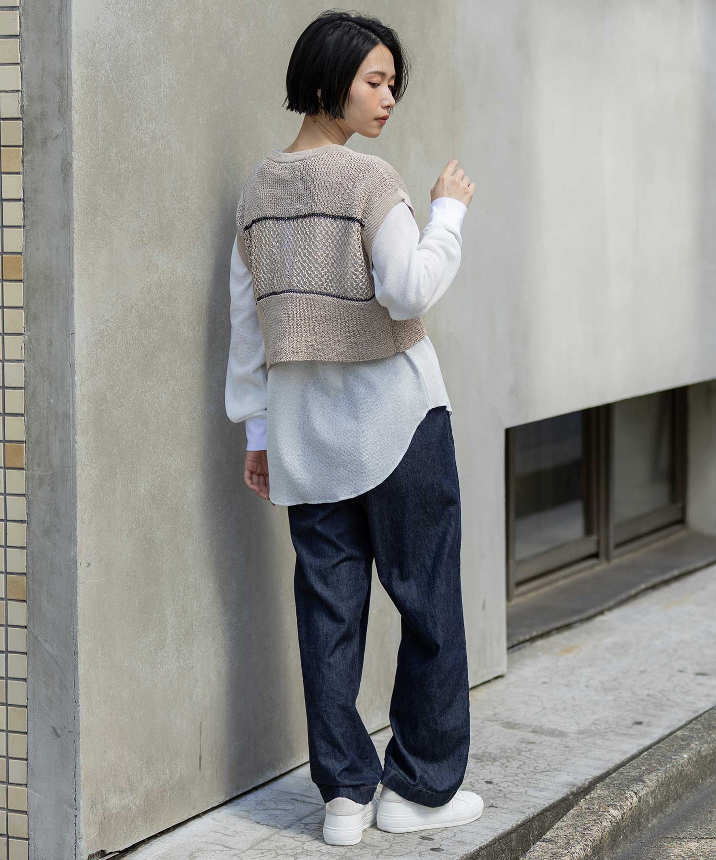 リブ編み×スカシ編みニットジレ