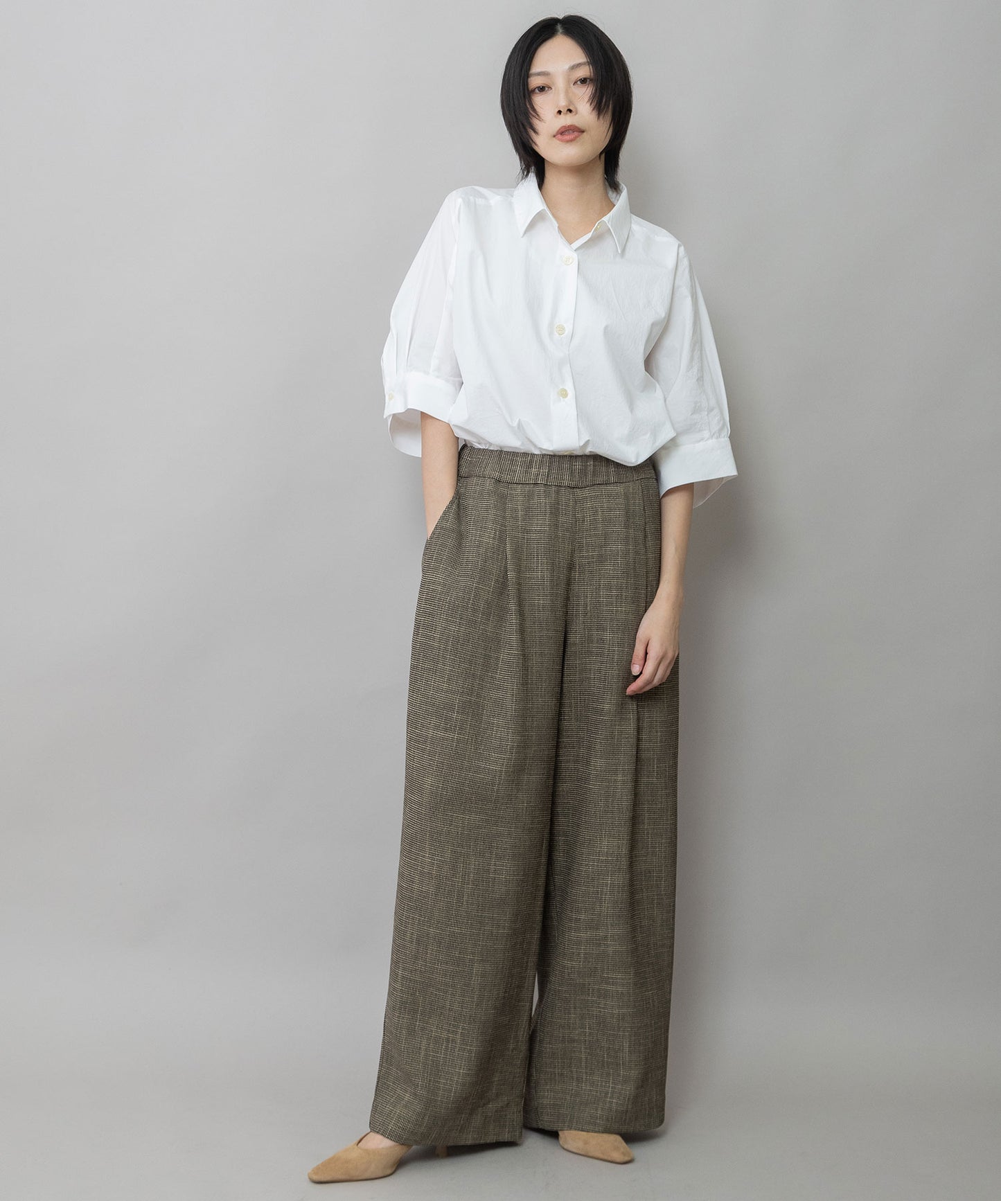 【吸水・速乾性】ポリエステルレーヨンカラミ織りワイドパンツ