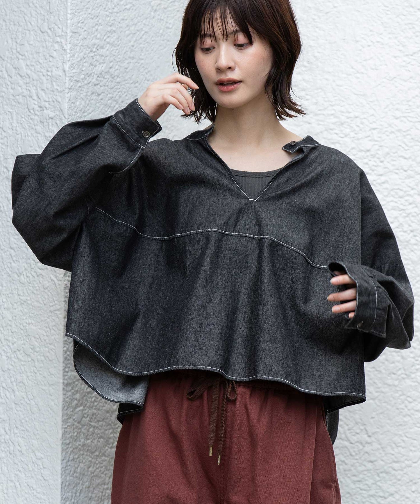 6ozスラブデニム２wayクロップドシャツ