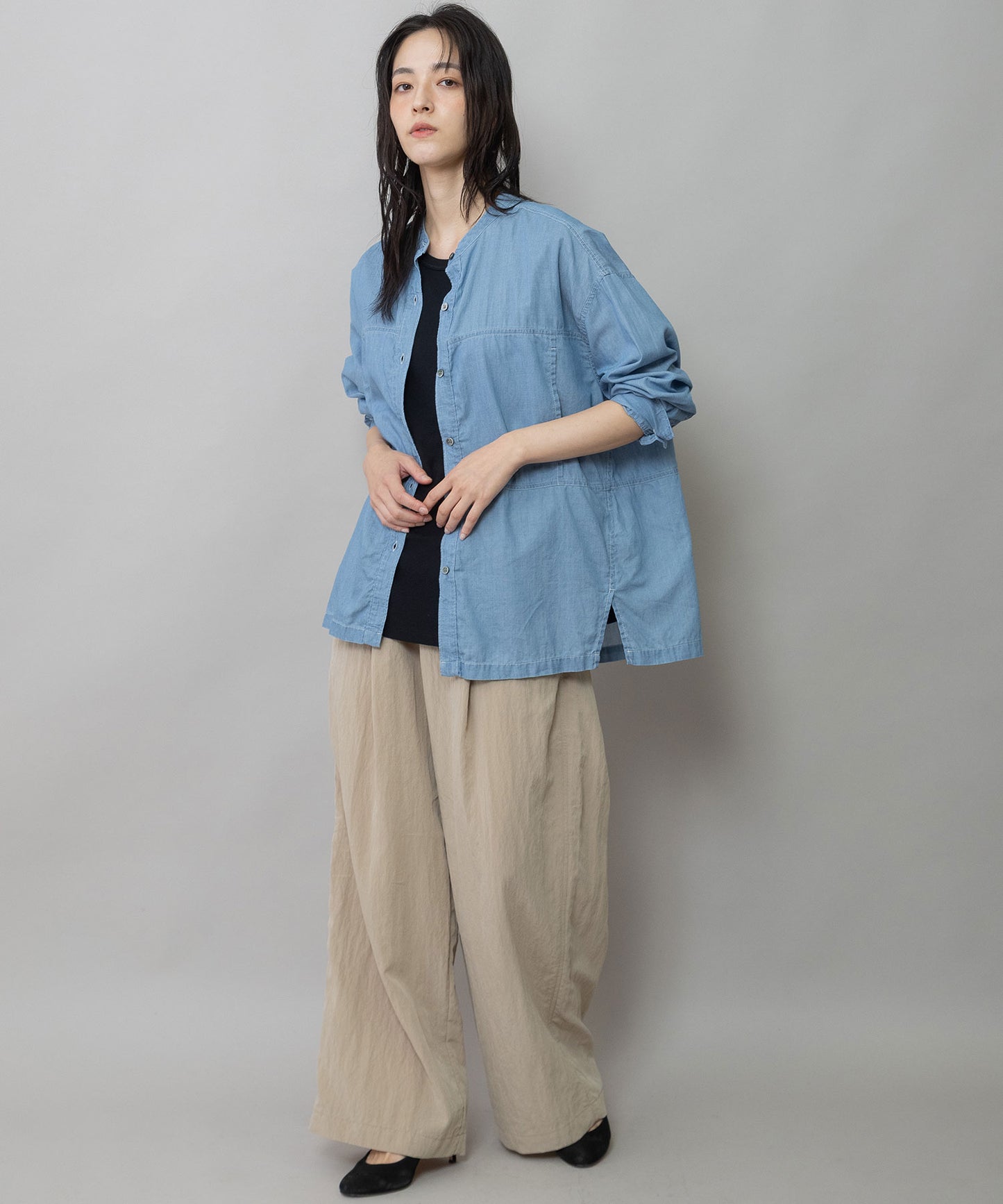 【速乾性】【通気性】2.25ozシアーデニムバンドカラーシャツ