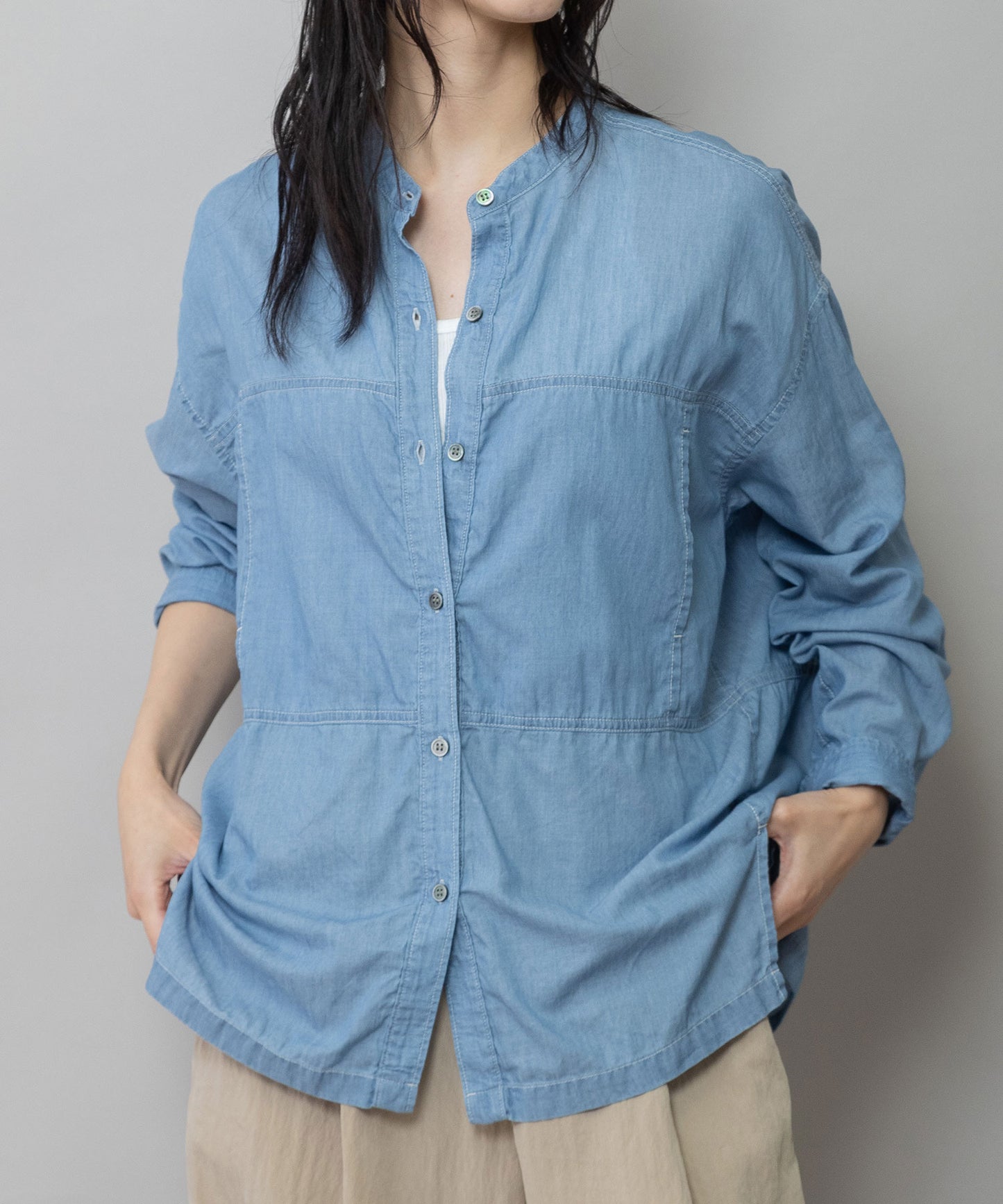 【速乾性】【通気性】2.25ozシアーデニムバンドカラーシャツ