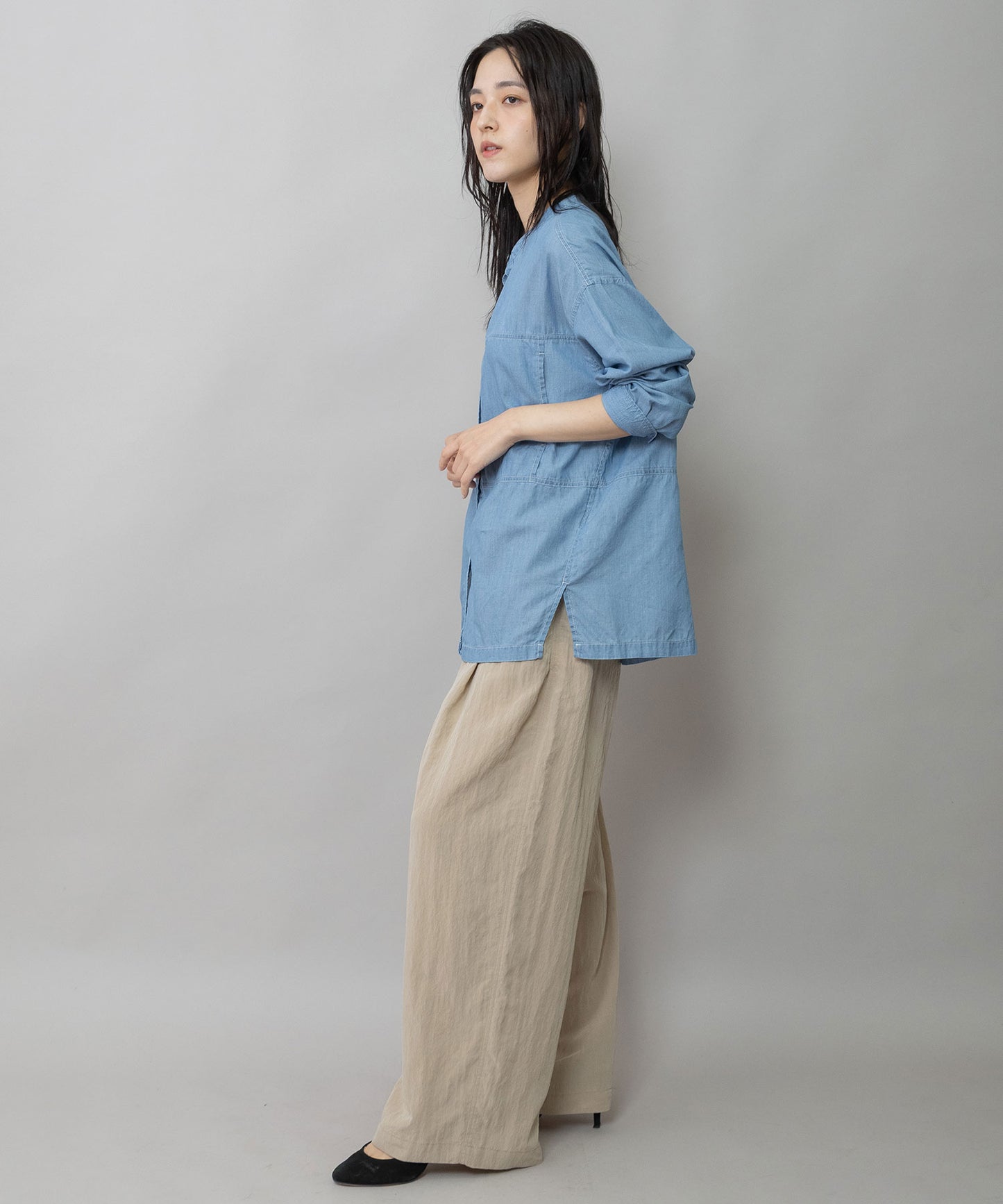 【速乾性】【通気性】2.25ozシアーデニムバンドカラーシャツ