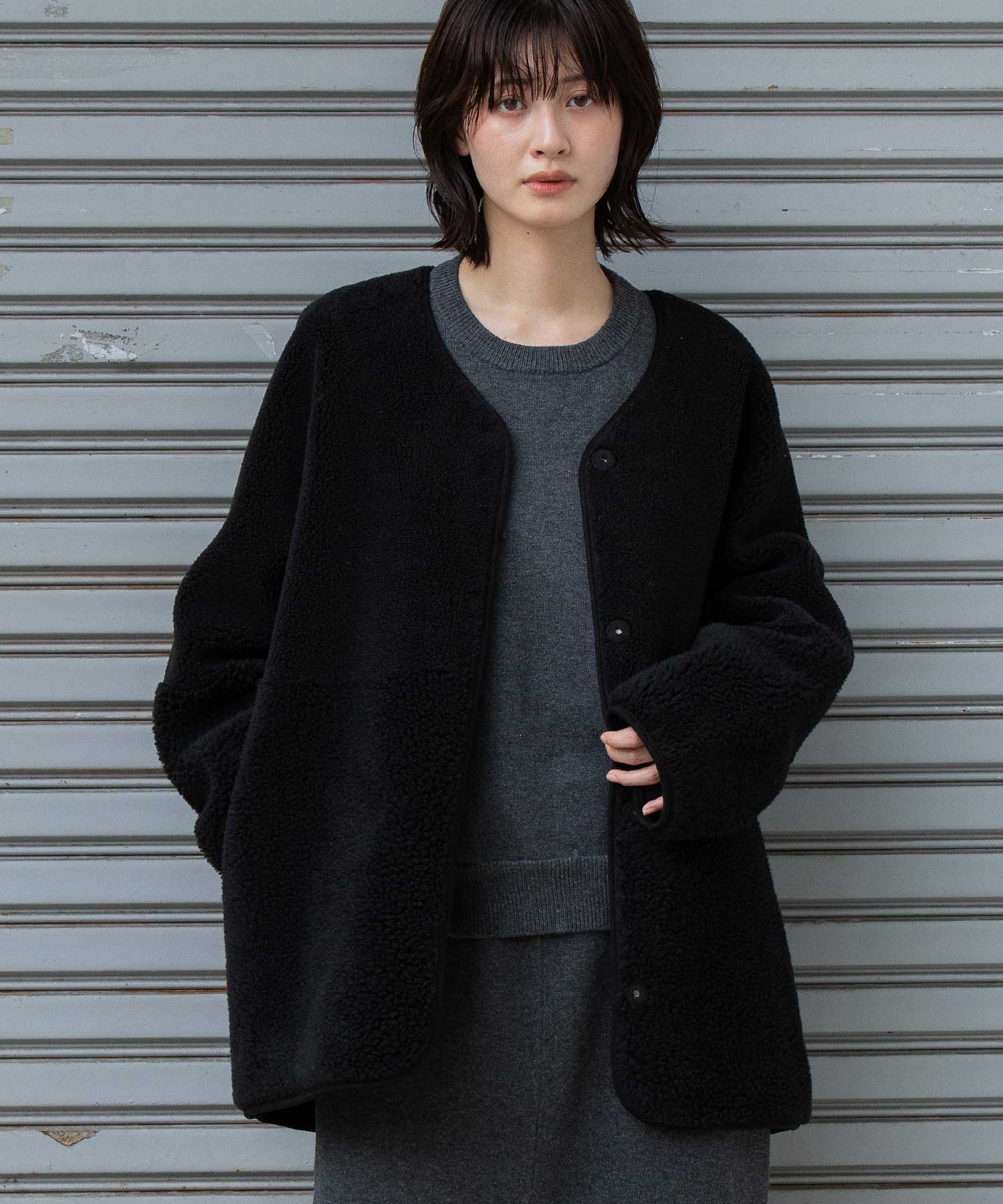 ウールシープボアムートンリバーシブルノーカラーコート – Munich web shop