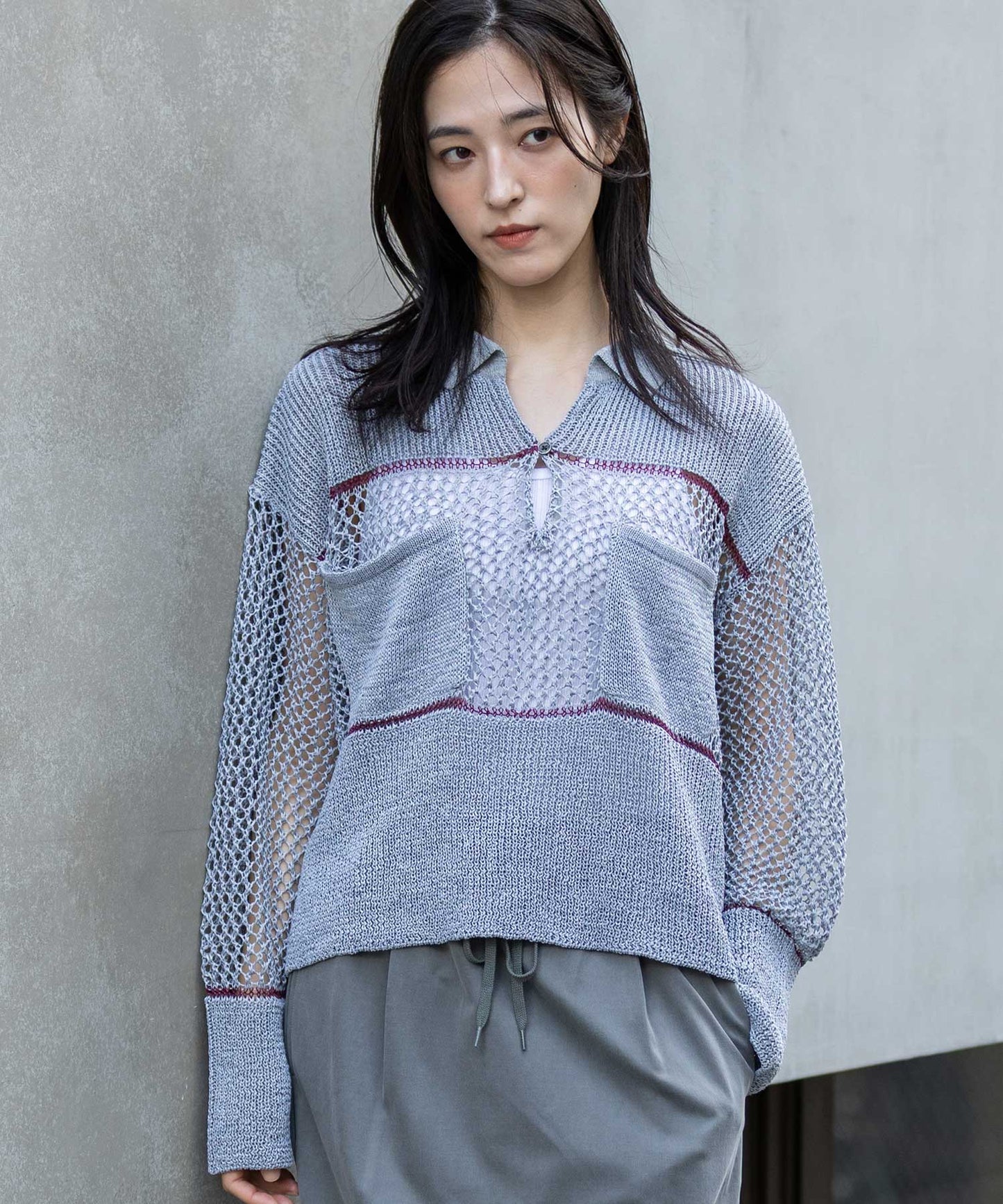 リブ編み×スカシ編みポロニット