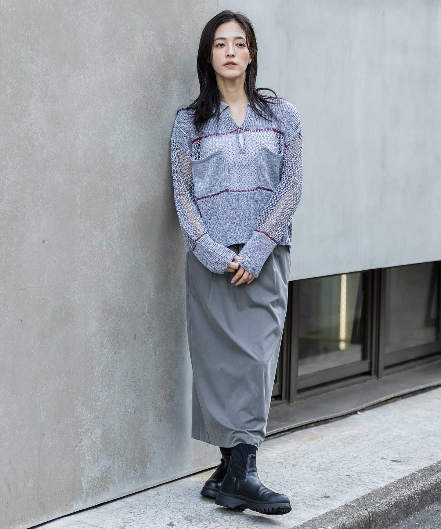 リブ編み×スカシ編みポロニット