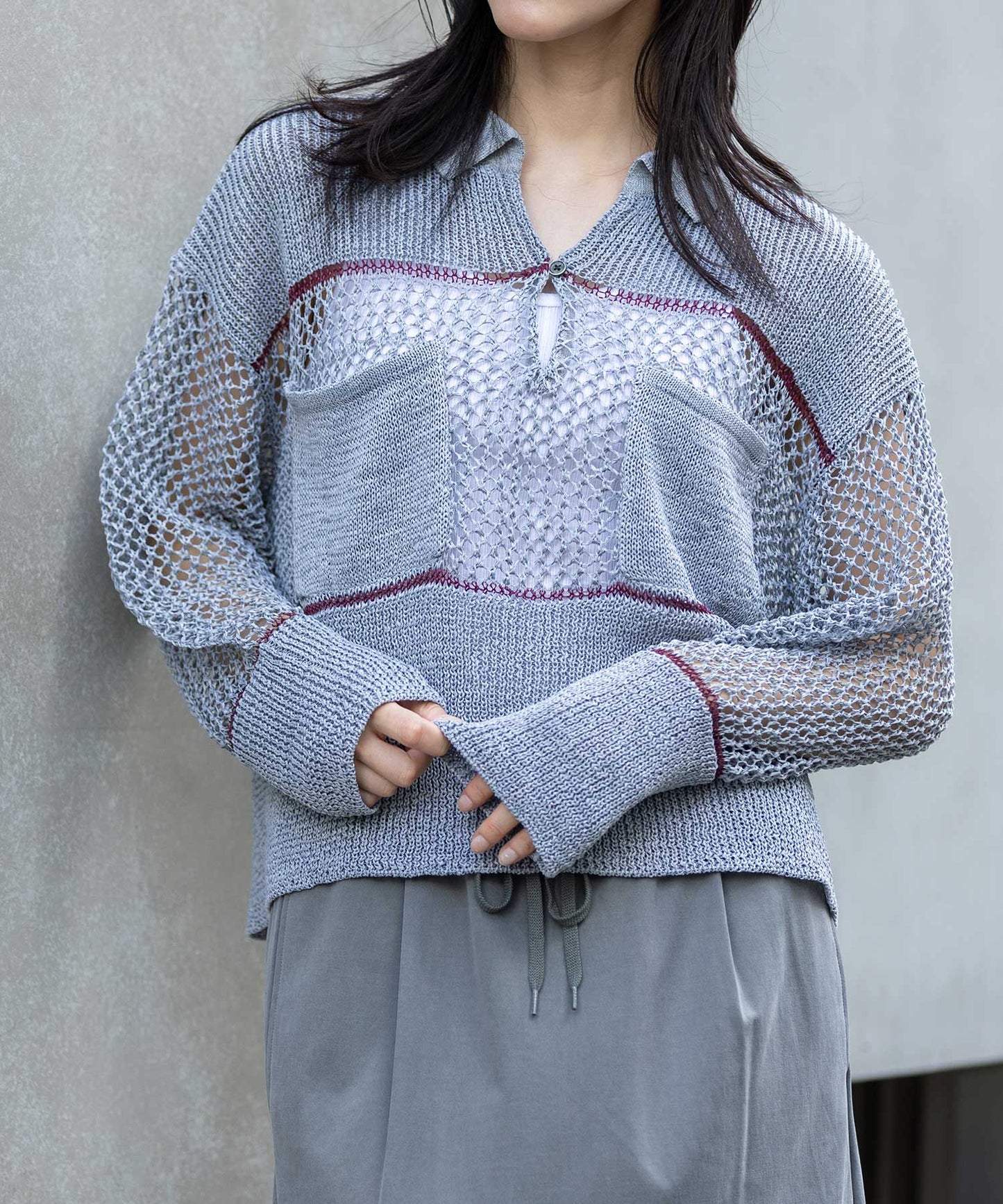 リブ編み×スカシ編みポロニット