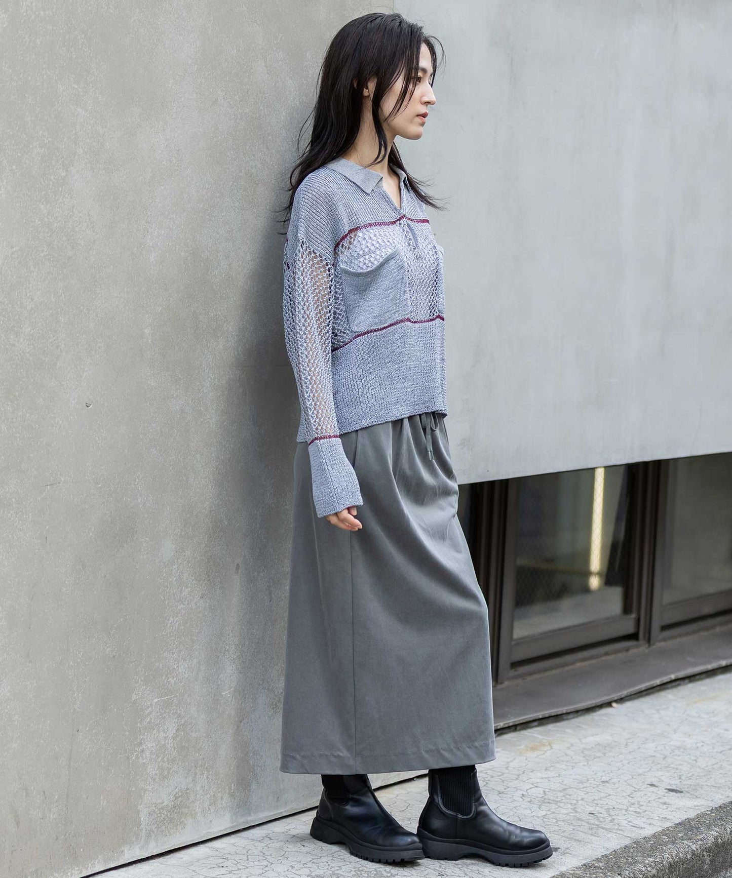 リブ編み×スカシ編みポロニット